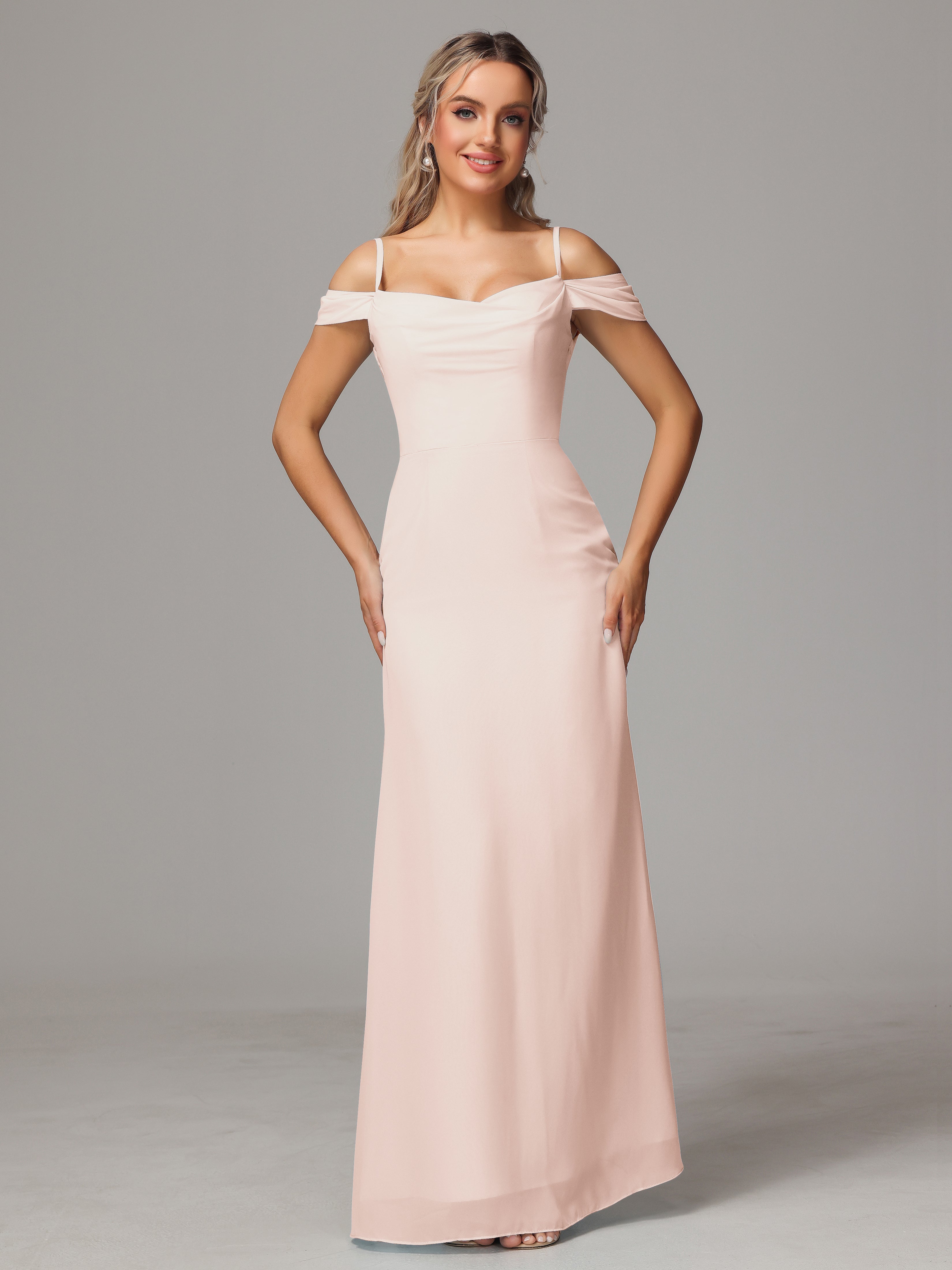 Robe Demoiselle D Honneur Rose Perle Accueil Froid Trapèze Mousseline Longue Robes Demoiselle D'Honneur