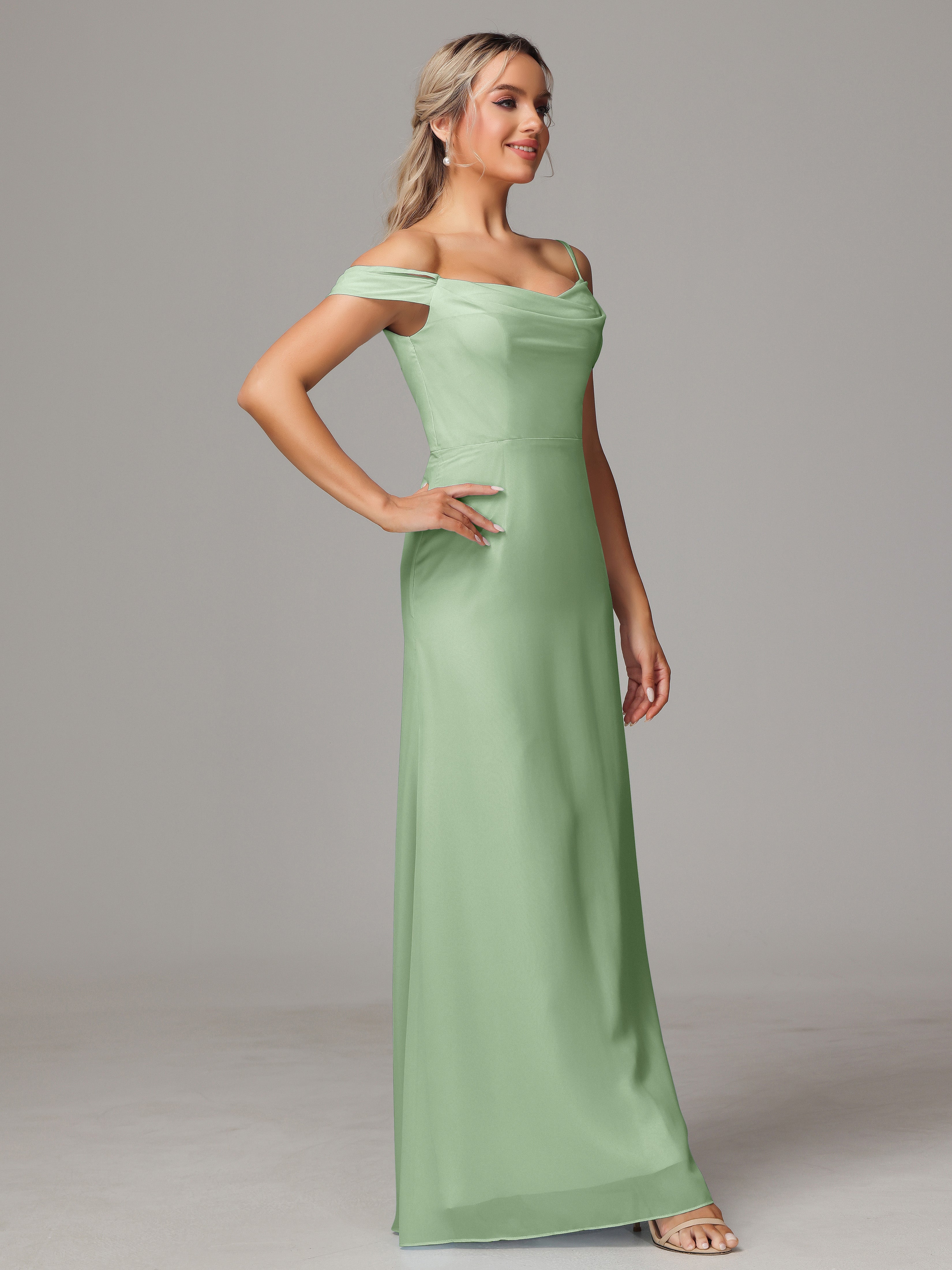 Robe De Demoiselle D'Honneur De Sauge Poussiéreuse Au Sol Accueil Froid Trapèze Mousseline Longue Robes Demoiselle D'Honneur