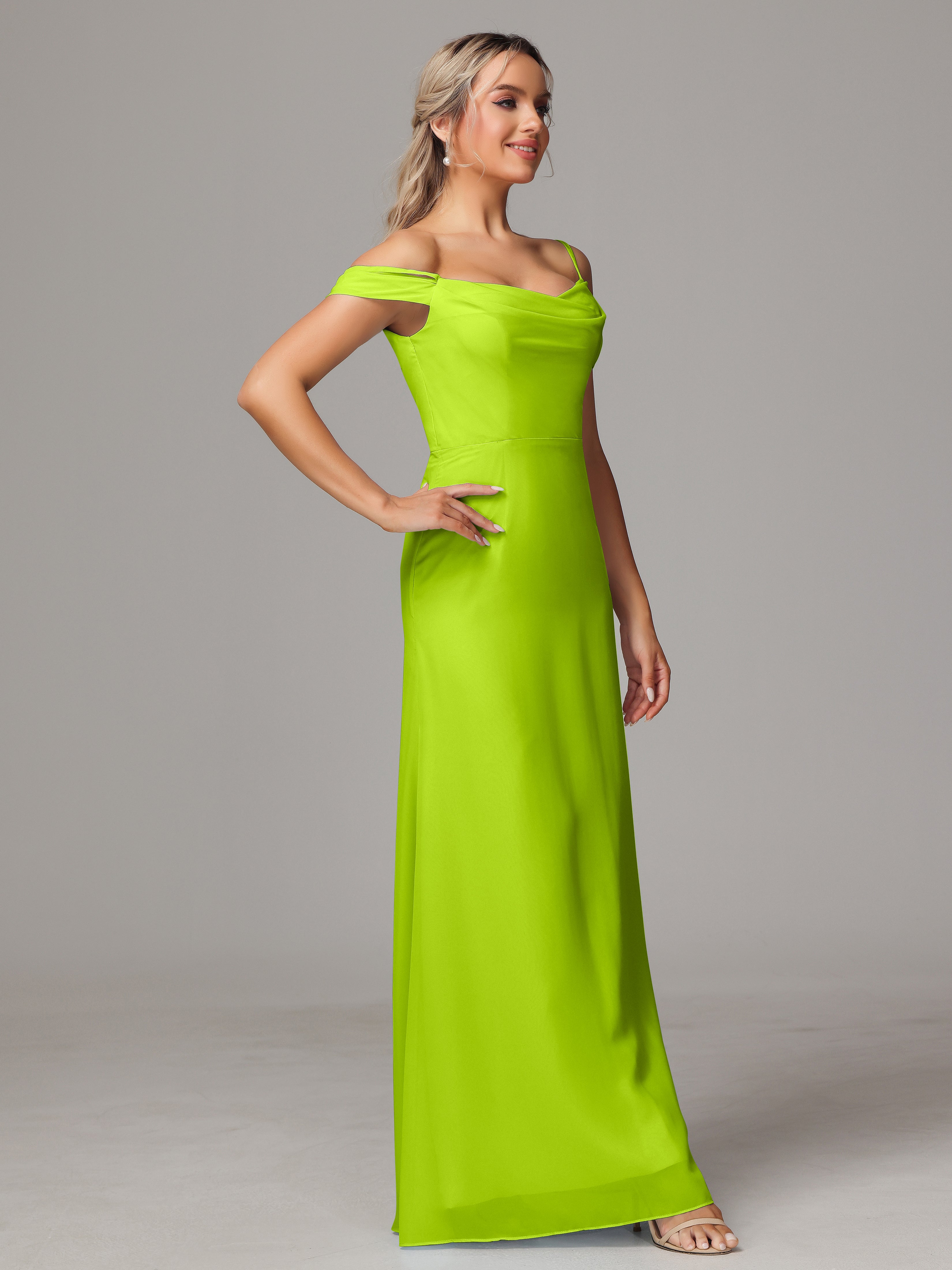 Robes De Demoiselle D'Honneur Vert Citron Accueil Froid Trapèze Mousseline Longue Robes Demoiselle D'Honneur