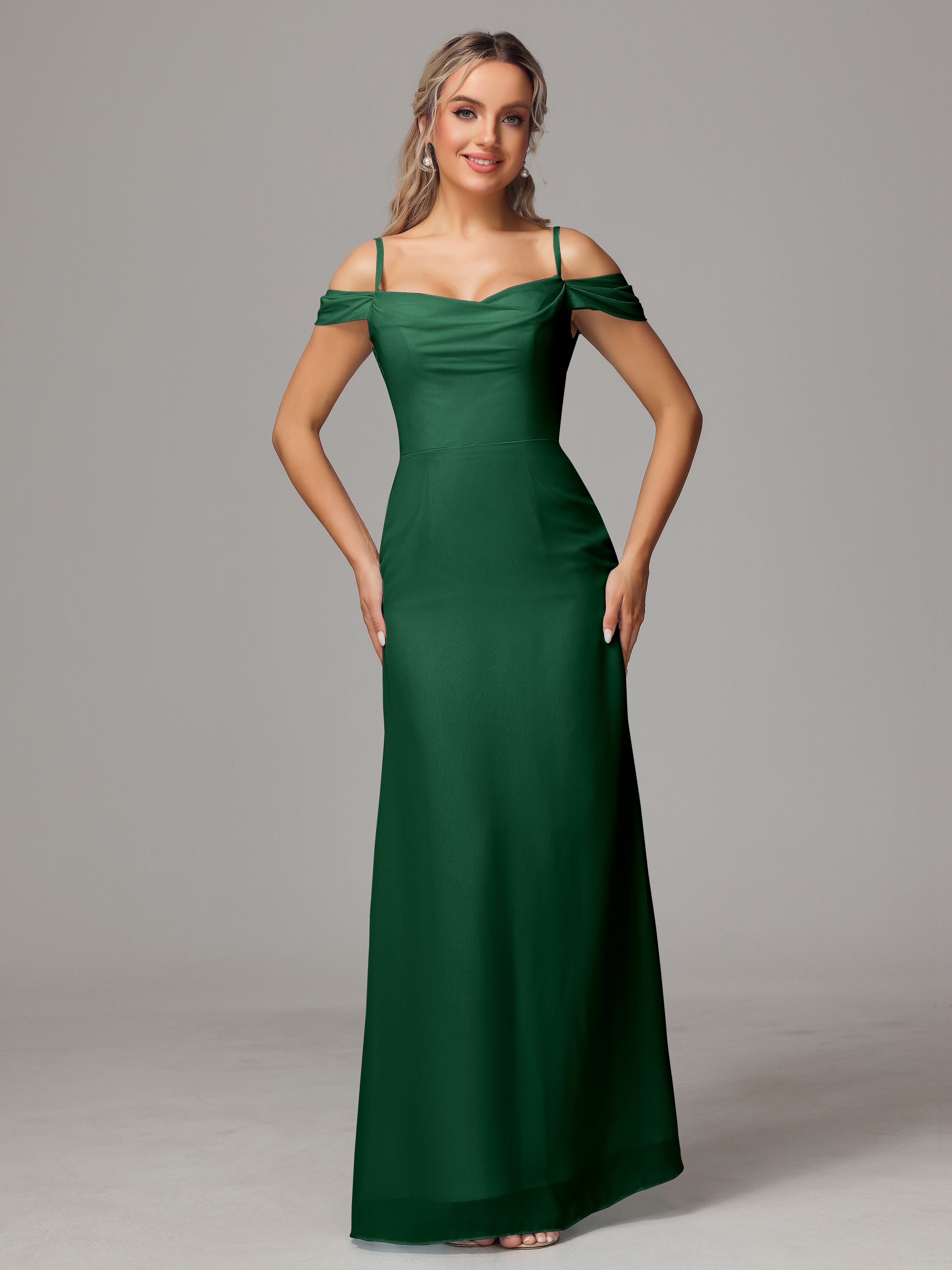 Robe Demoiselle D Honneur Vert Foncé Accueil Froid Trapèze Mousseline Longue Robes Demoiselle D'Honneur