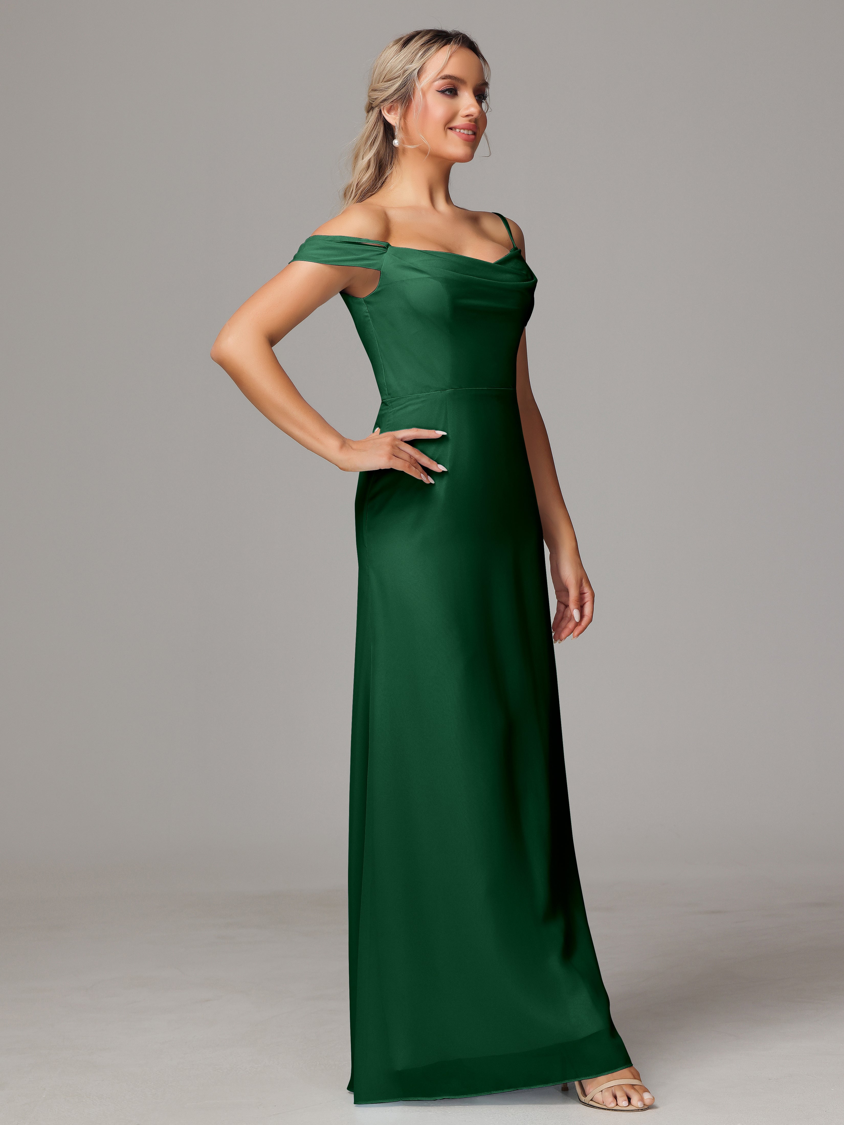 Robe Demoiselle D Honneur Vert Foncé Accueil Froid Trapèze Mousseline Longue Robes Demoiselle D'Honneur