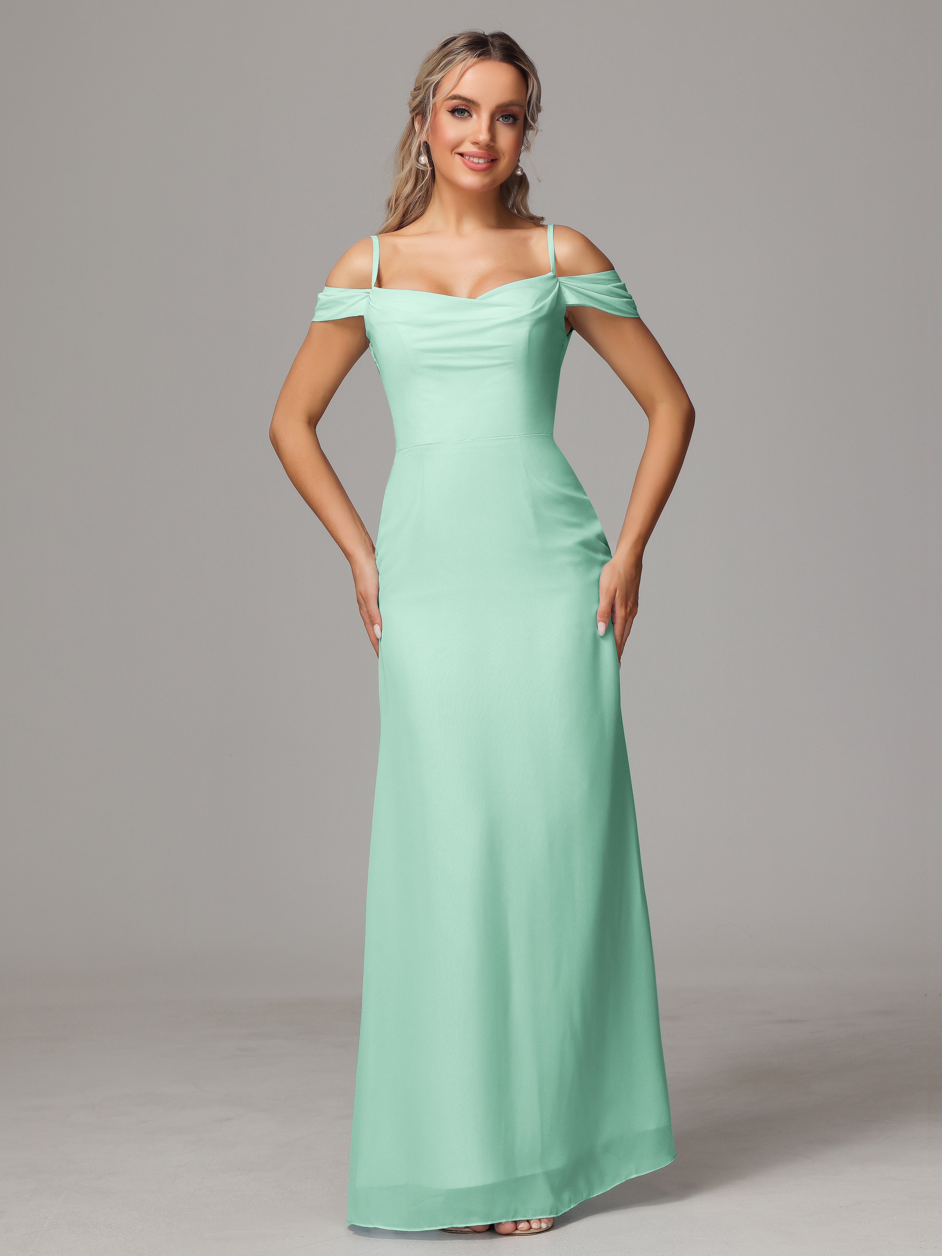 Robe Demoiselle D Honneur Menthe Accueil Froid Trapèze Mousseline Longue Robes Demoiselle D'Honneur