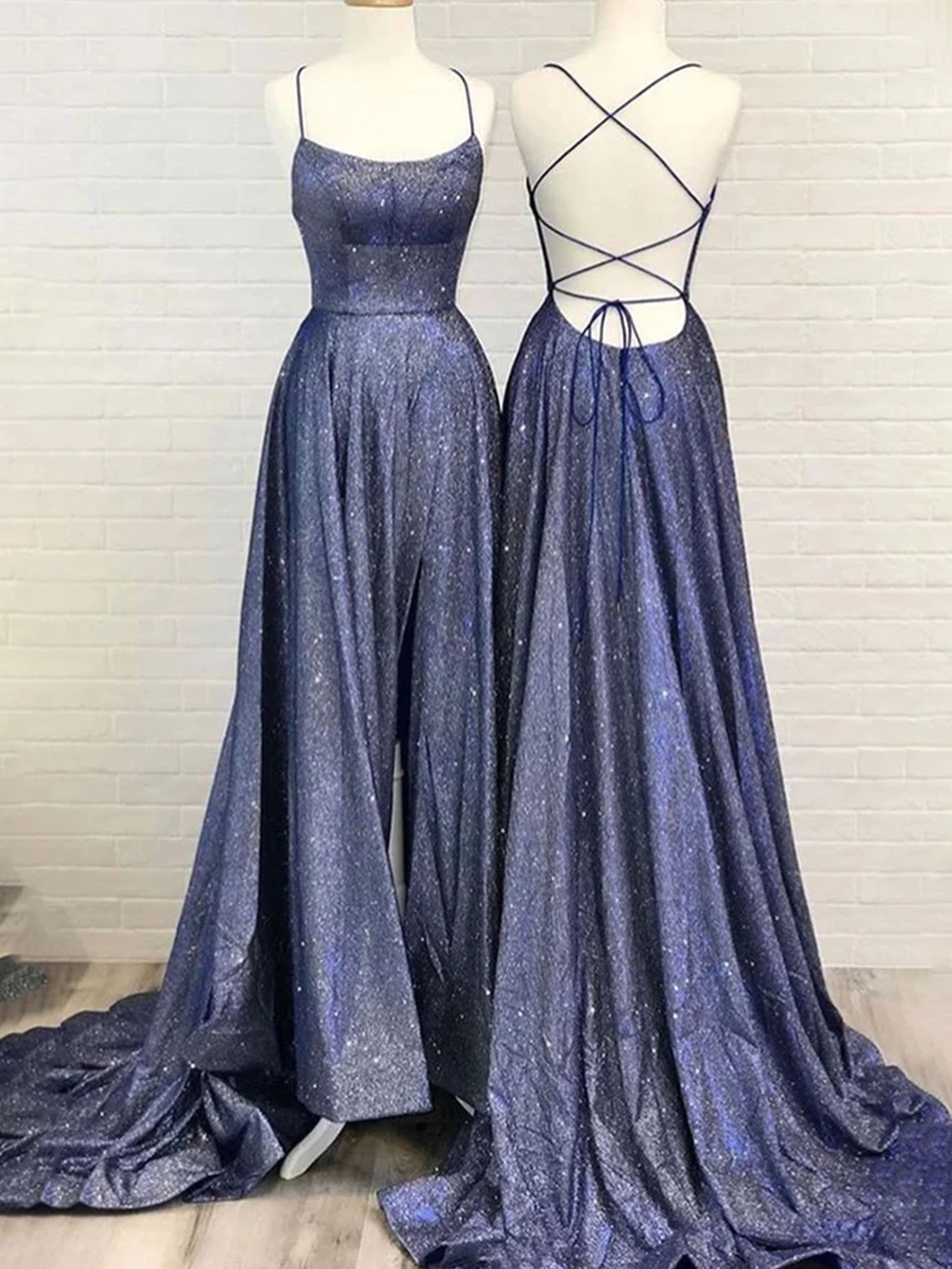 Robe de Bal BLEU_MARINE Longue à Bretelles Fines Dos Nu pour Soirée