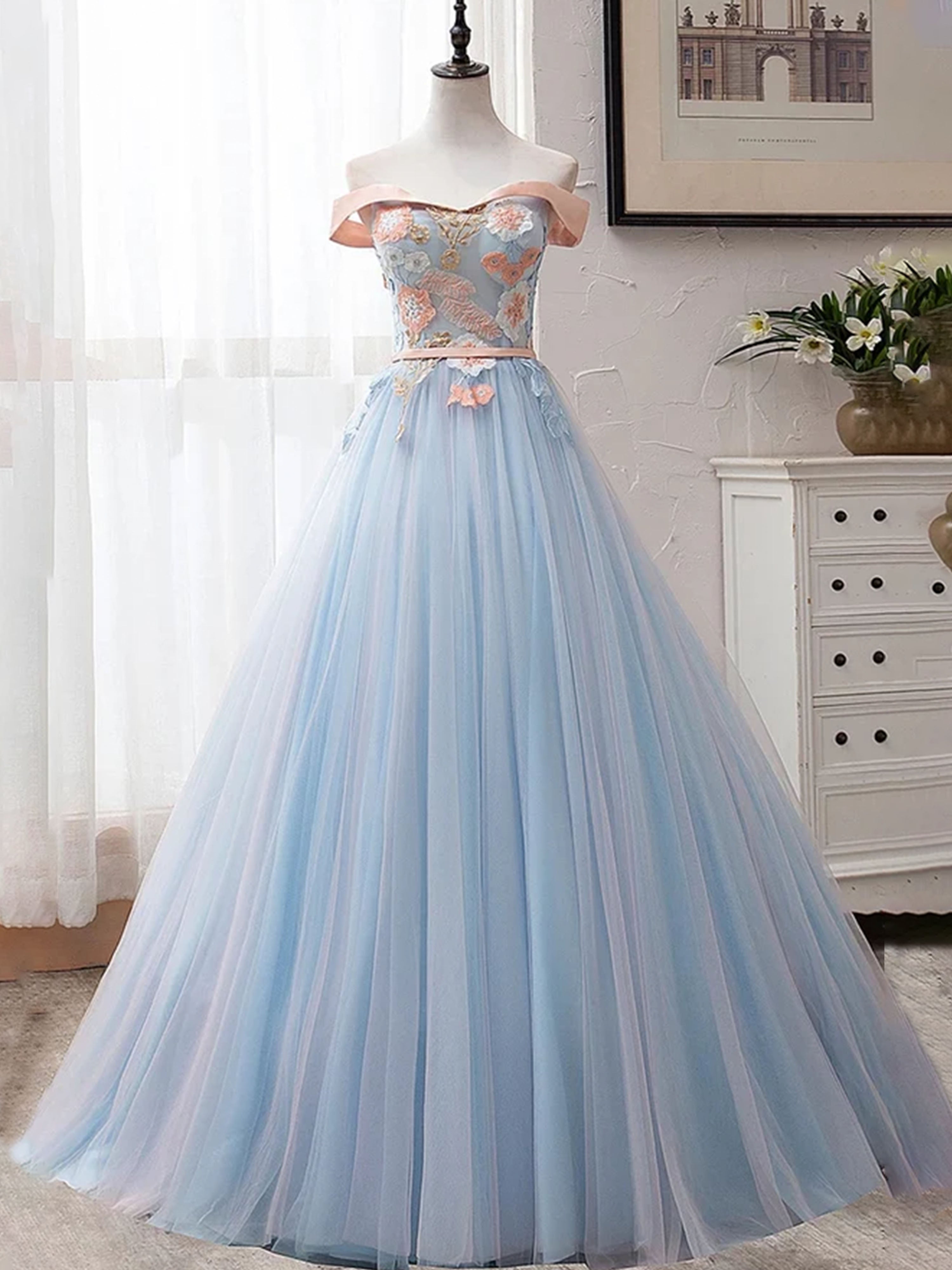 Robe de Bal BLEU_CIEL Élégante Épaules Dénudées à Appliqués Floraux en Tulle Longueur Sol