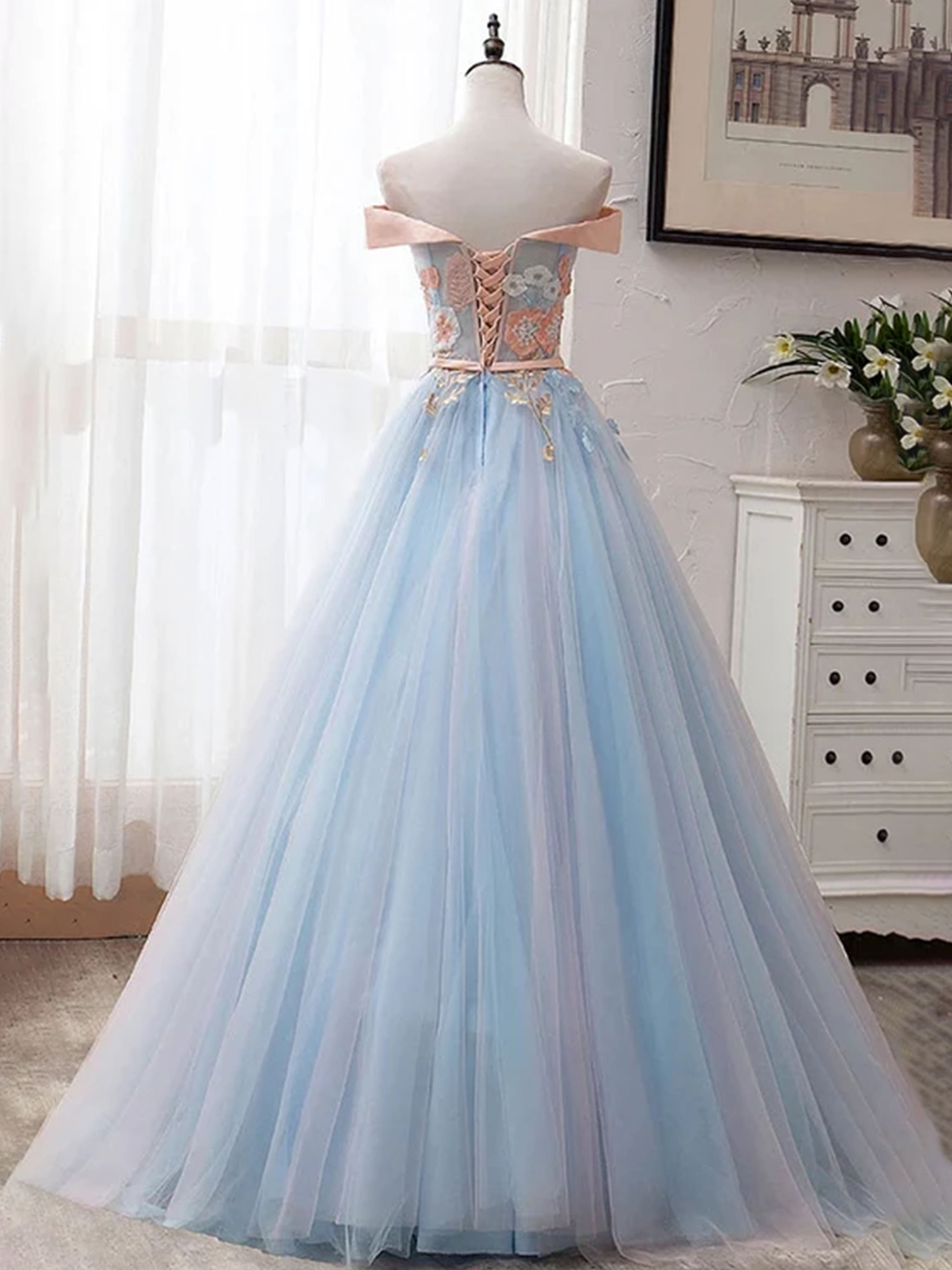 Robe de Bal BLEU_CIEL Élégante Épaules Dénudées à Appliqués Floraux en Tulle Longueur Sol