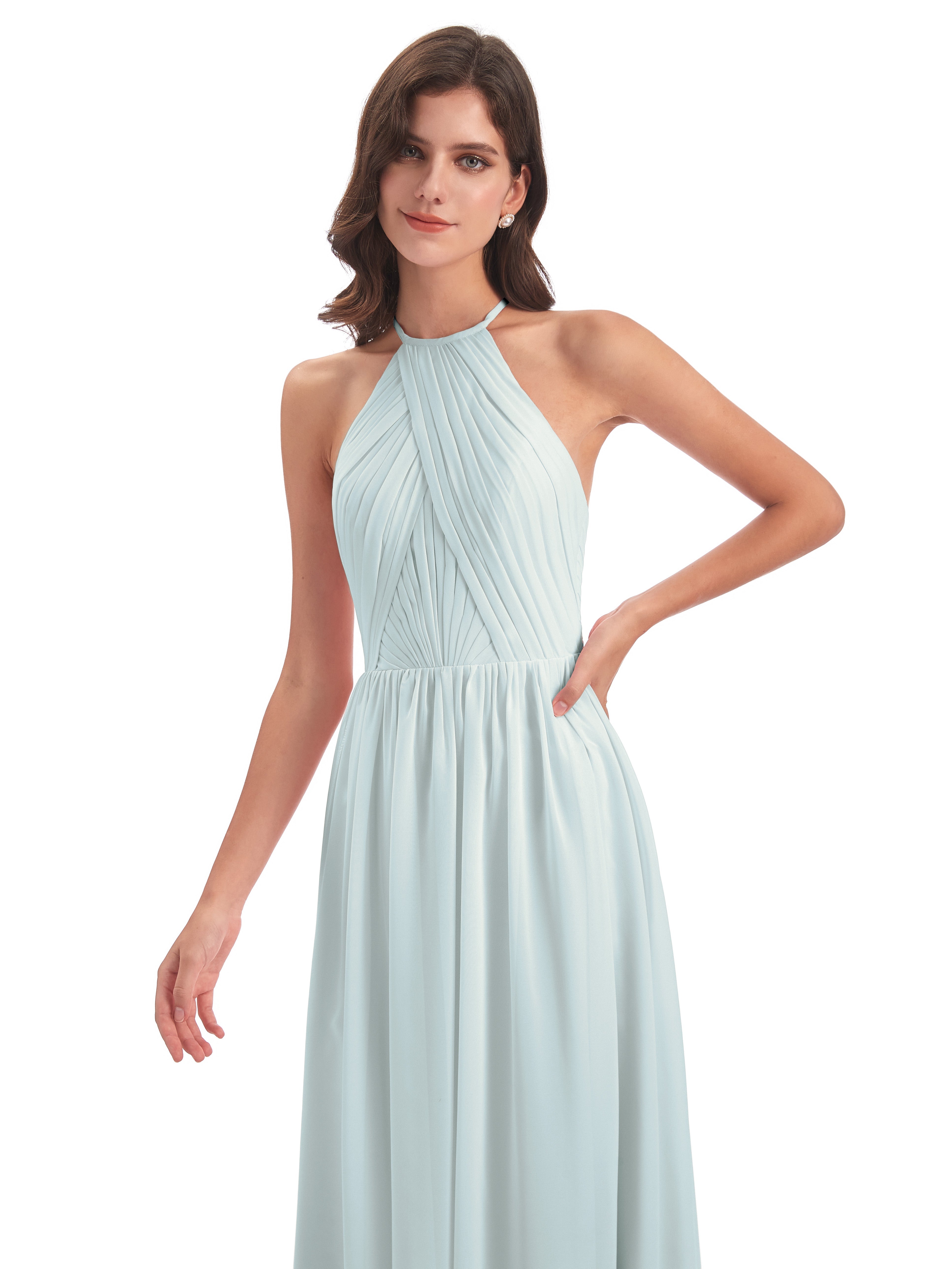 Robe Demoiselle D Honneur Vert Celadon Dos Ouvert Licou Mousseline Robes Demoiselle D'Honneur