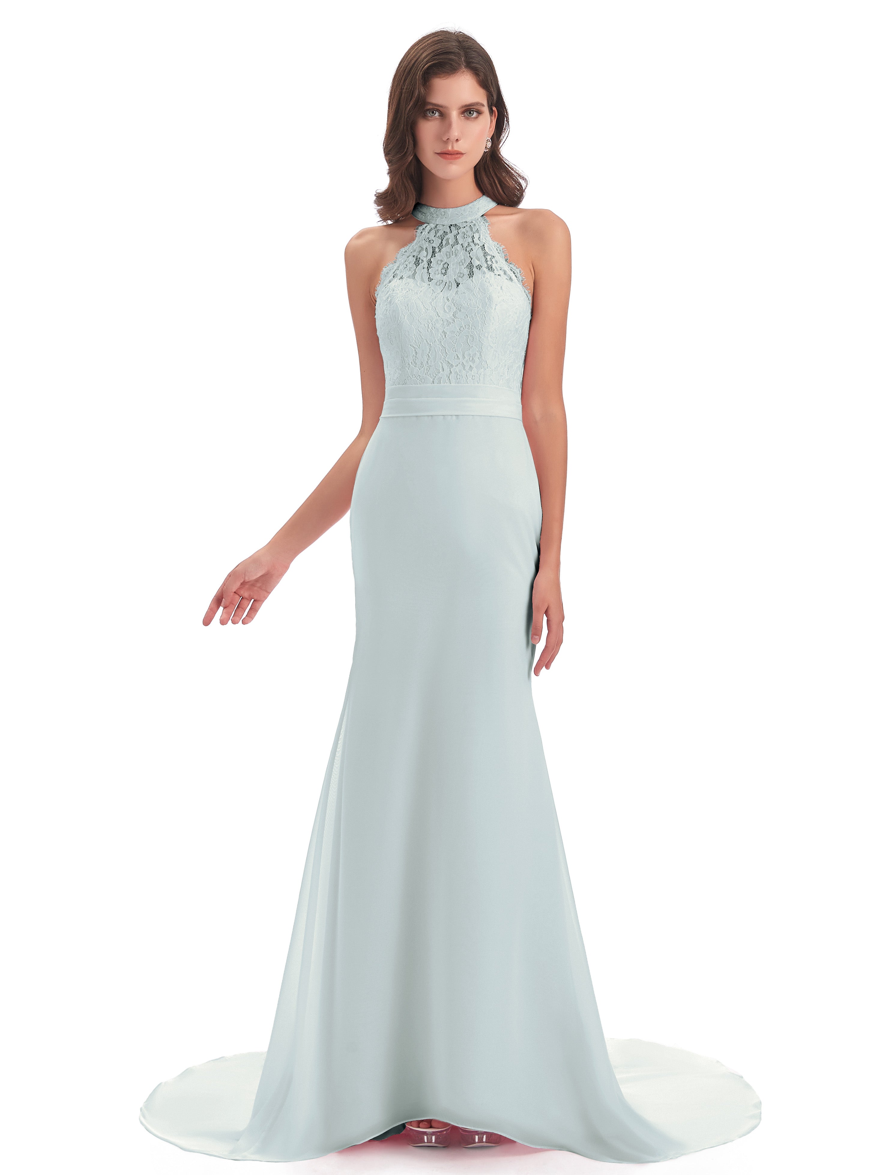 Robe Demoiselle D Honneur Celadon Licou Dentelle/Mousseline Longue Robes Demoiselle D'Honneur