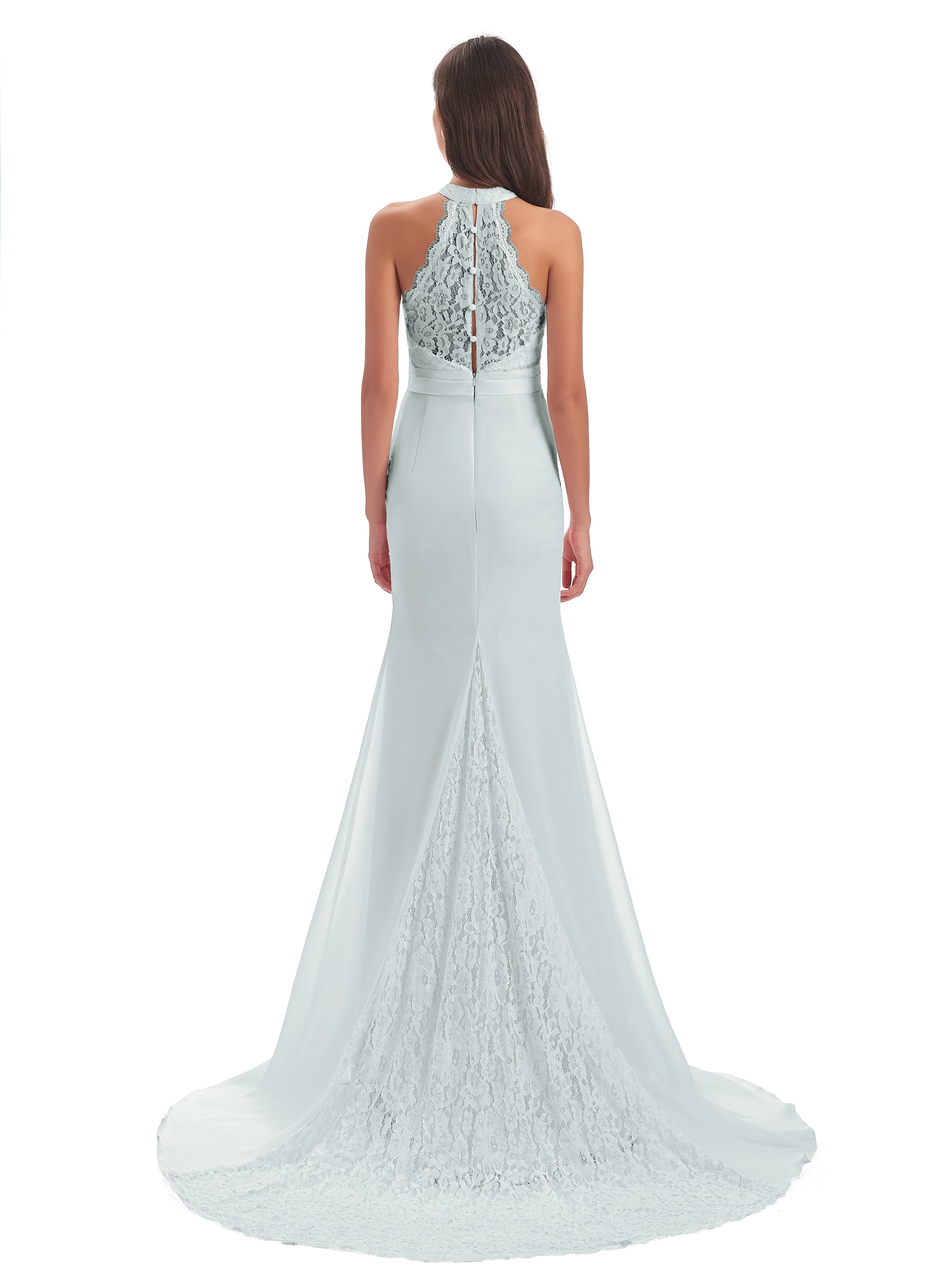 Robe Demoiselle D Honneur Celadon Licou Dentelle/Mousseline Longue Robes Demoiselle D'Honneur