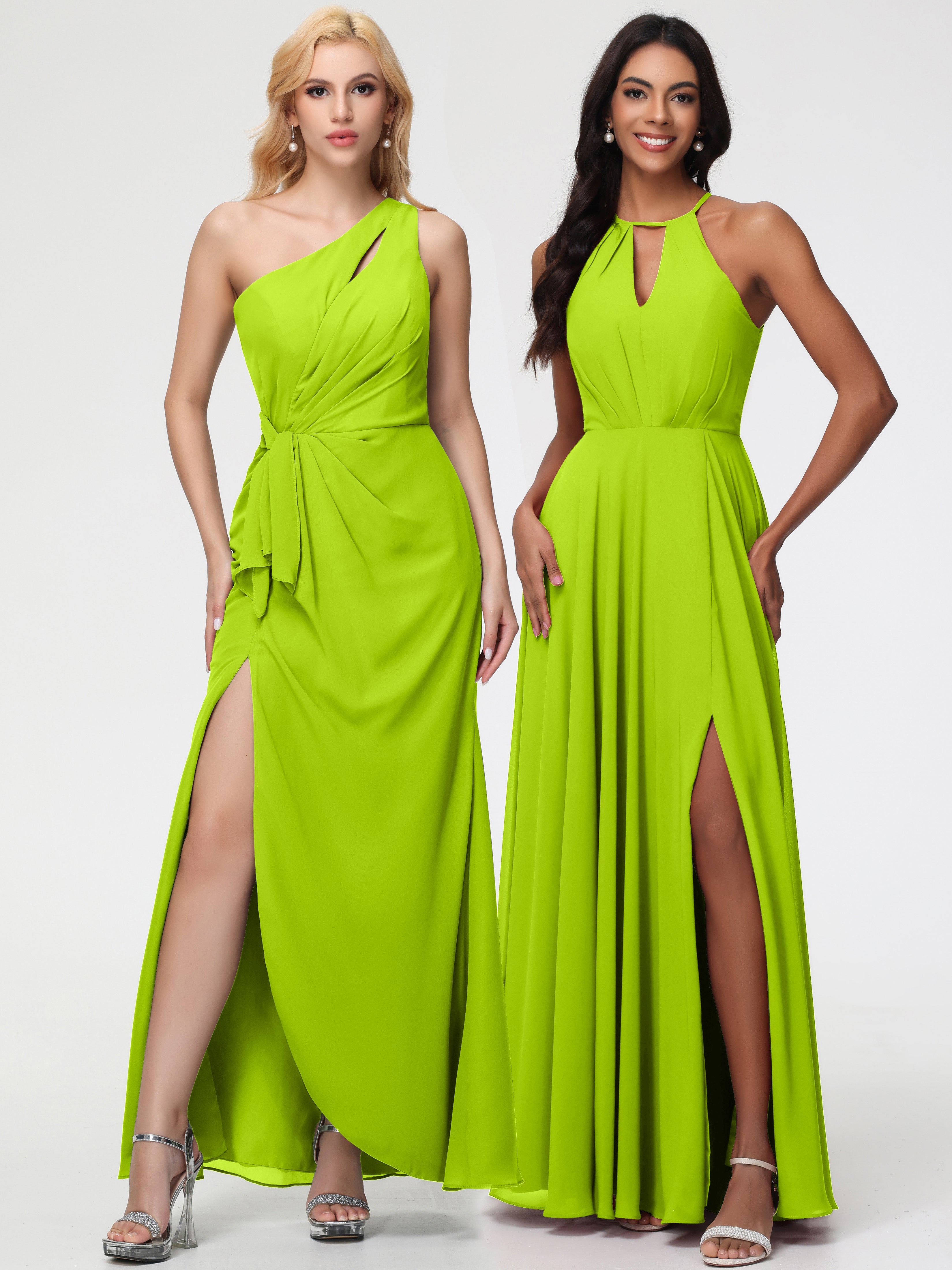 Robes De Demoiselle D'Honneur Vert Citron Licou Fendue Mousseline Robe Demoiselle D'Honneur Longue Plissée