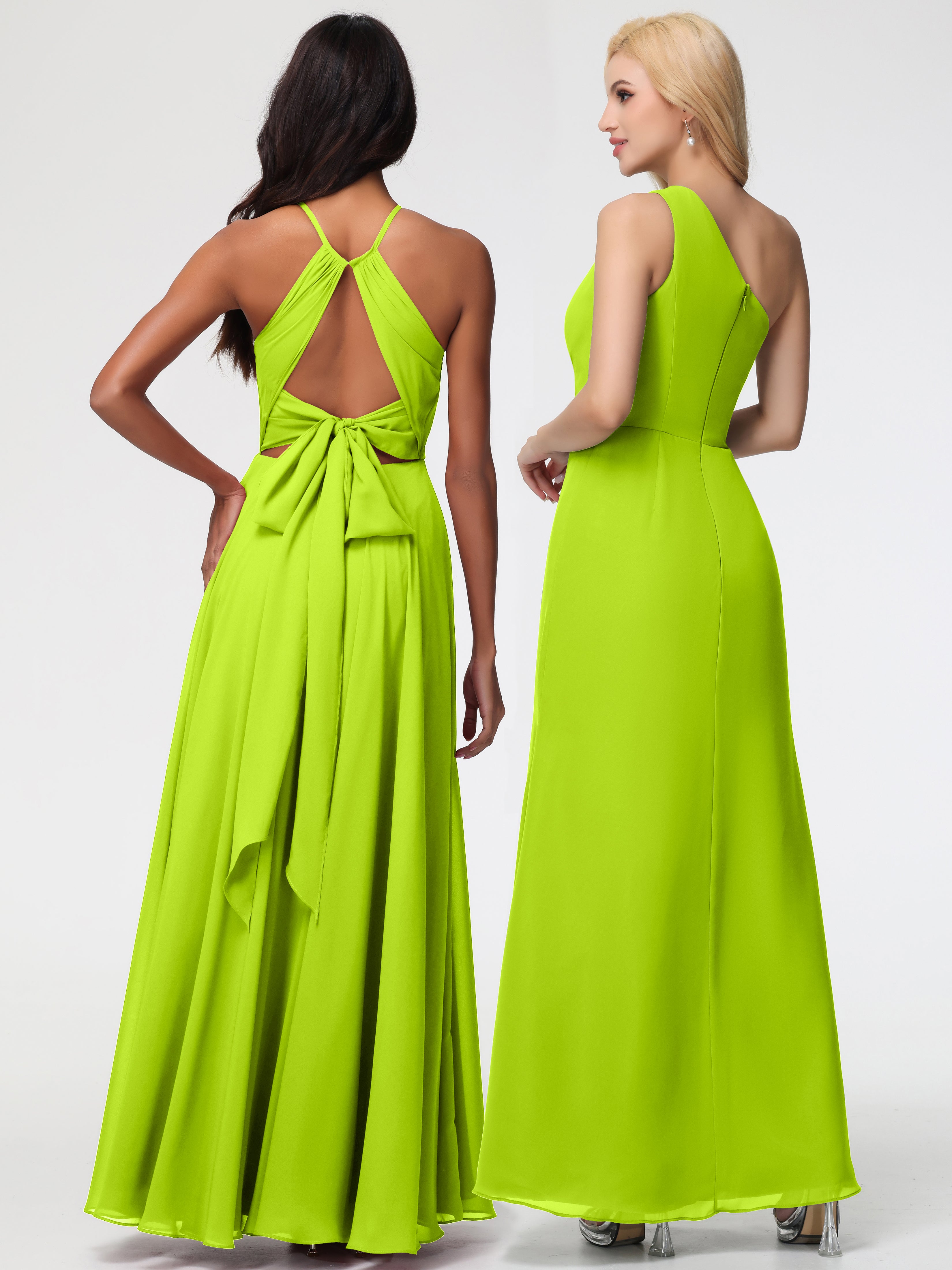 Robes De Demoiselle D'Honneur Vert Citron Licou Fendue Mousseline Robe Demoiselle D'Honneur Longue Plissée