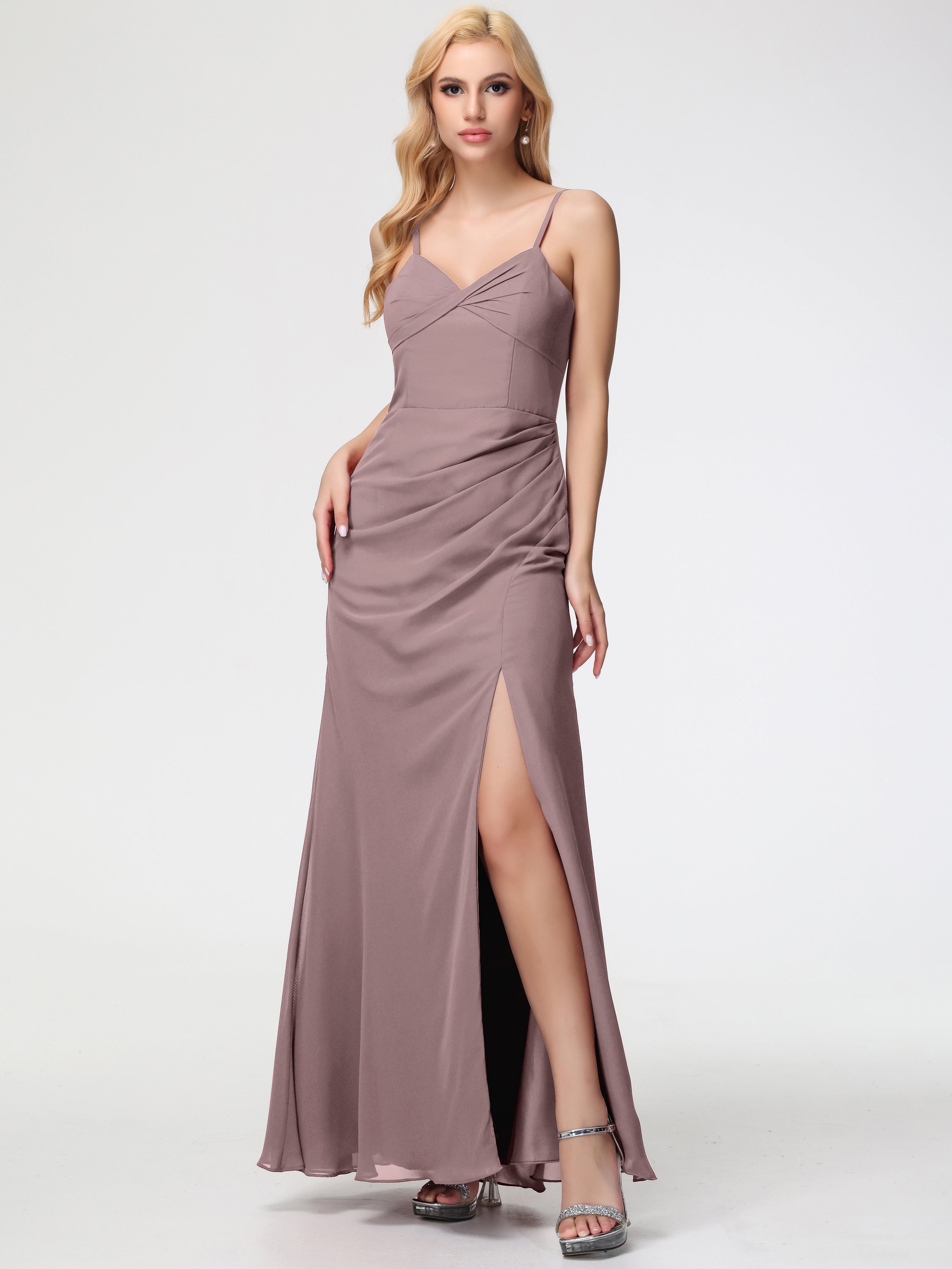 Robes De Demoiselle D'Honneur Mauve Foncé Bretelles Spaghetti Fendue Fourreau/Colonne Mousseline Robe Demoiselle D'Honneur