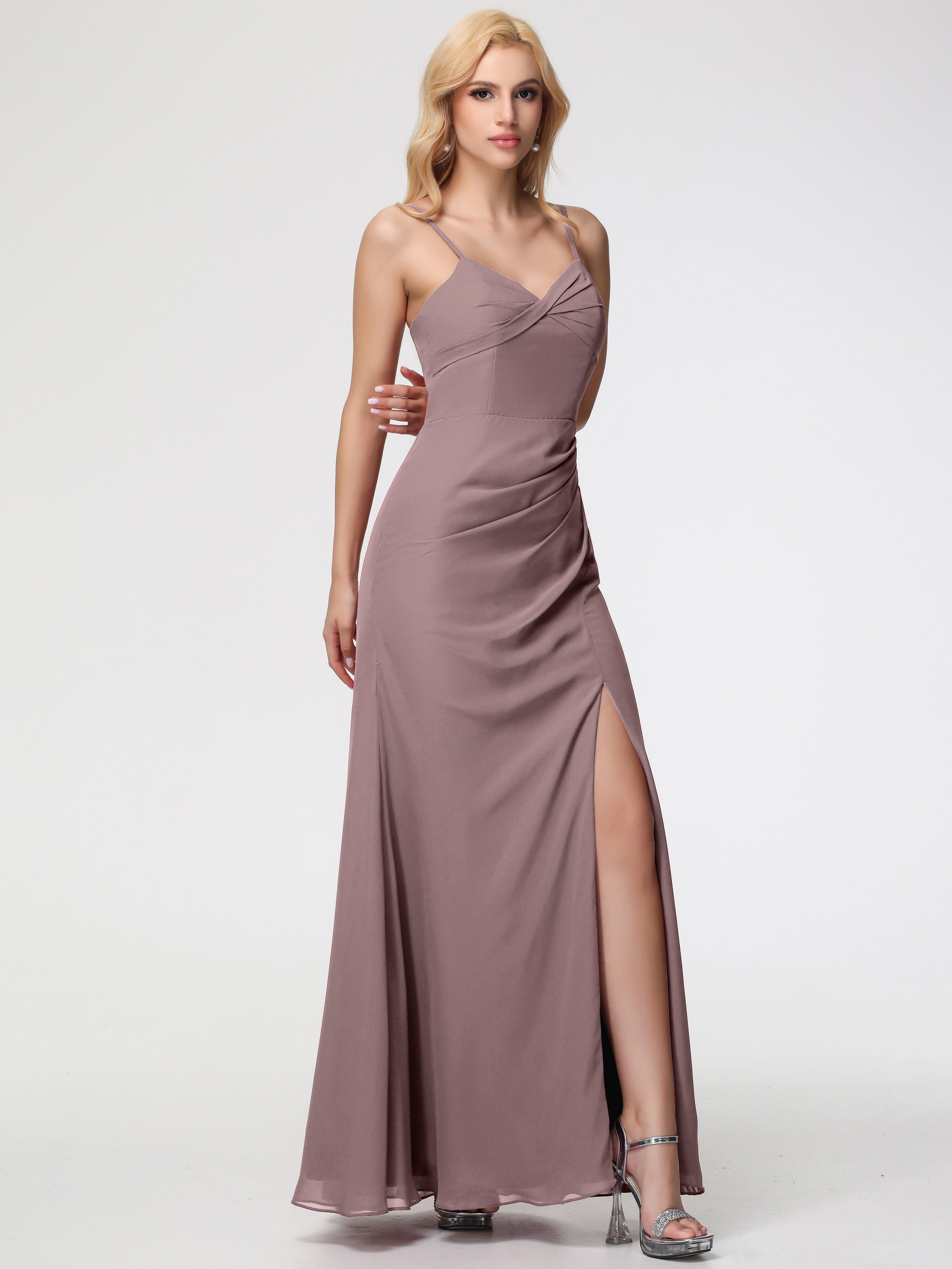 Robes De Demoiselle D'Honneur Mauve Foncé Bretelles Spaghetti Fendue Fourreau/Colonne Mousseline Robe Demoiselle D'Honneur