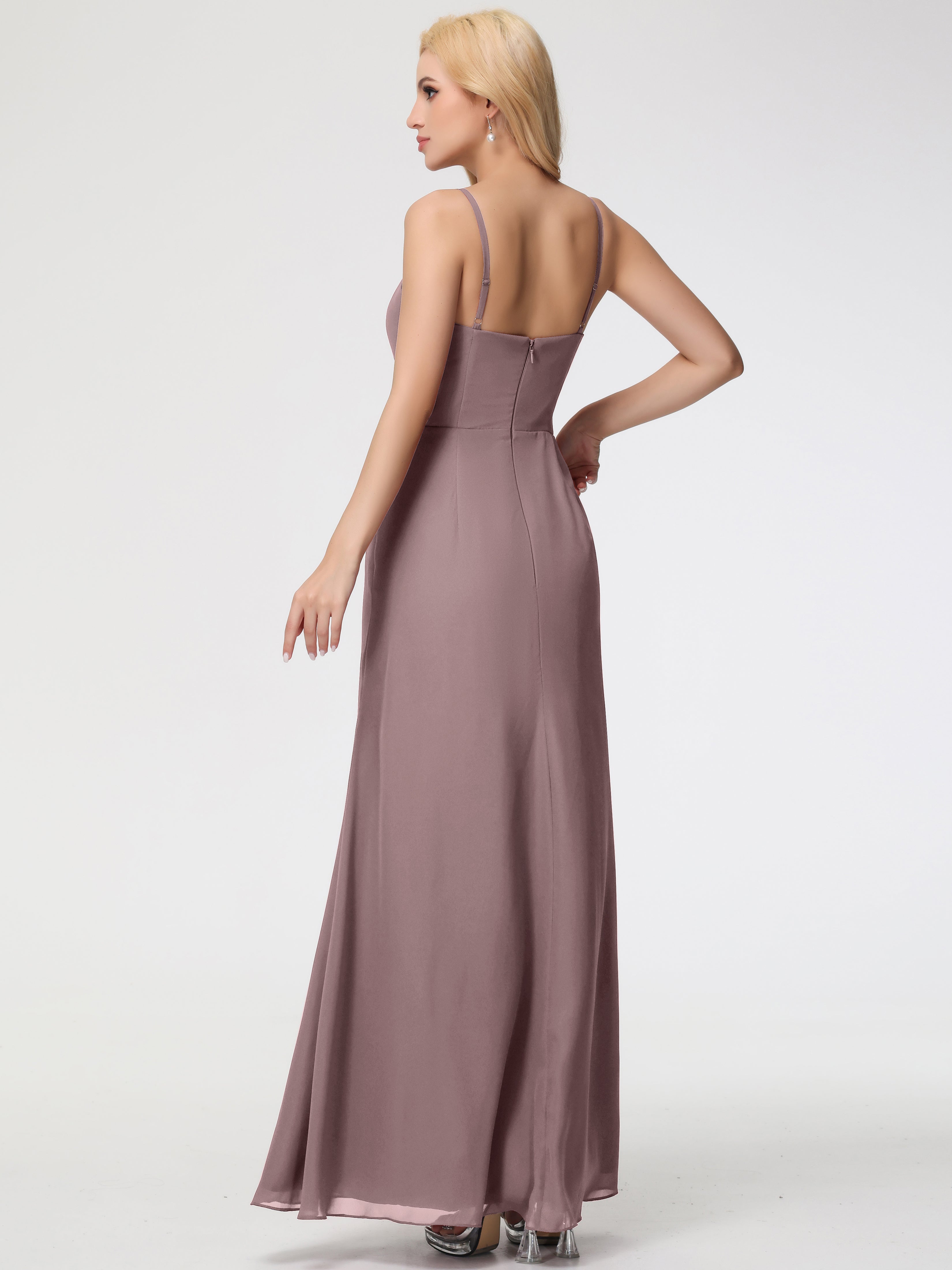 Robes De Demoiselle D'Honneur Mauve Foncé Bretelles Spaghetti Fendue Fourreau/Colonne Mousseline Robe Demoiselle D'Honneur
