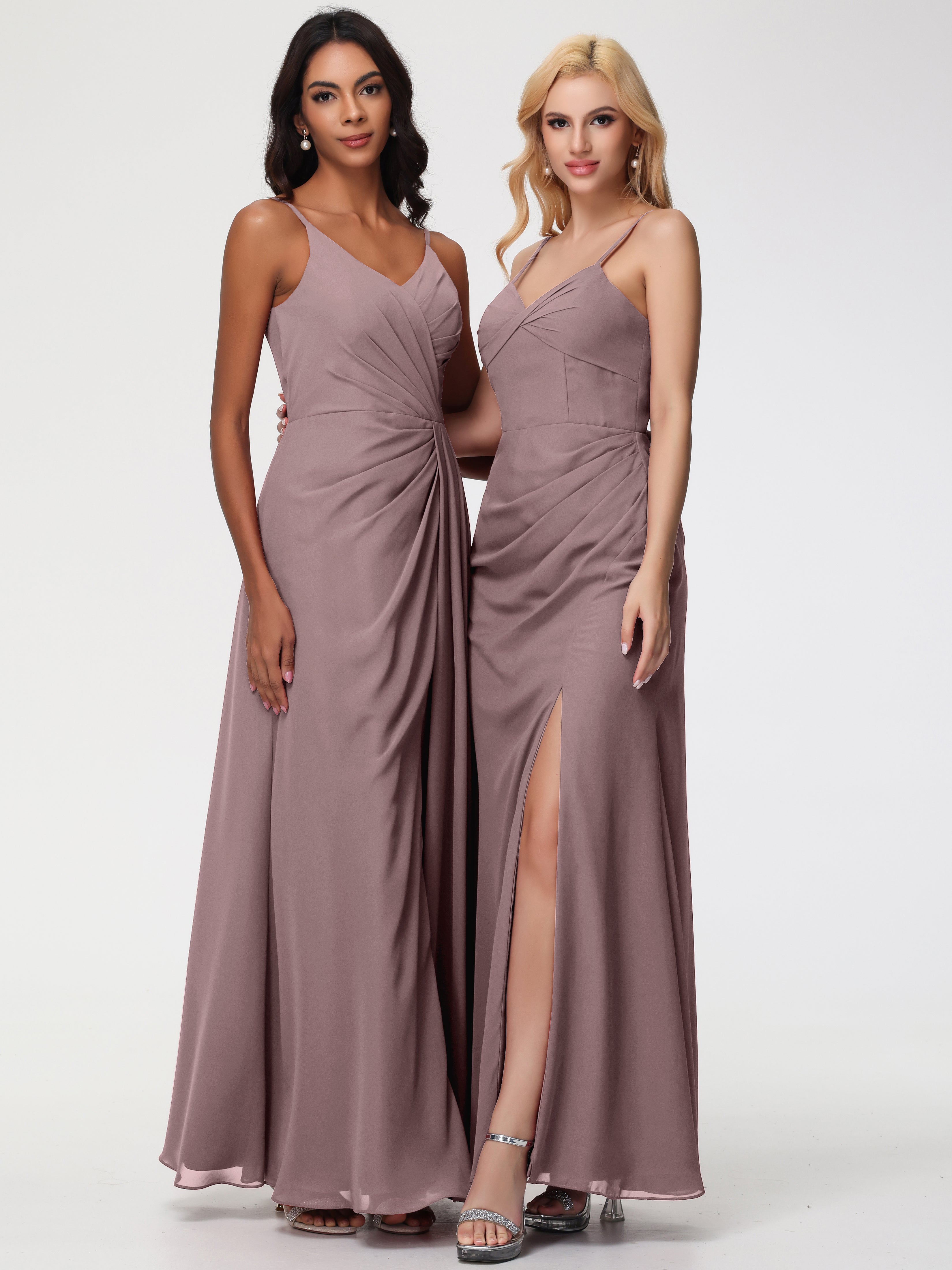 Robes De Demoiselle D'Honneur Mauve Foncé Bretelles Spaghetti Fendue Fourreau/Colonne Mousseline Robe Demoiselle D'Honneur
