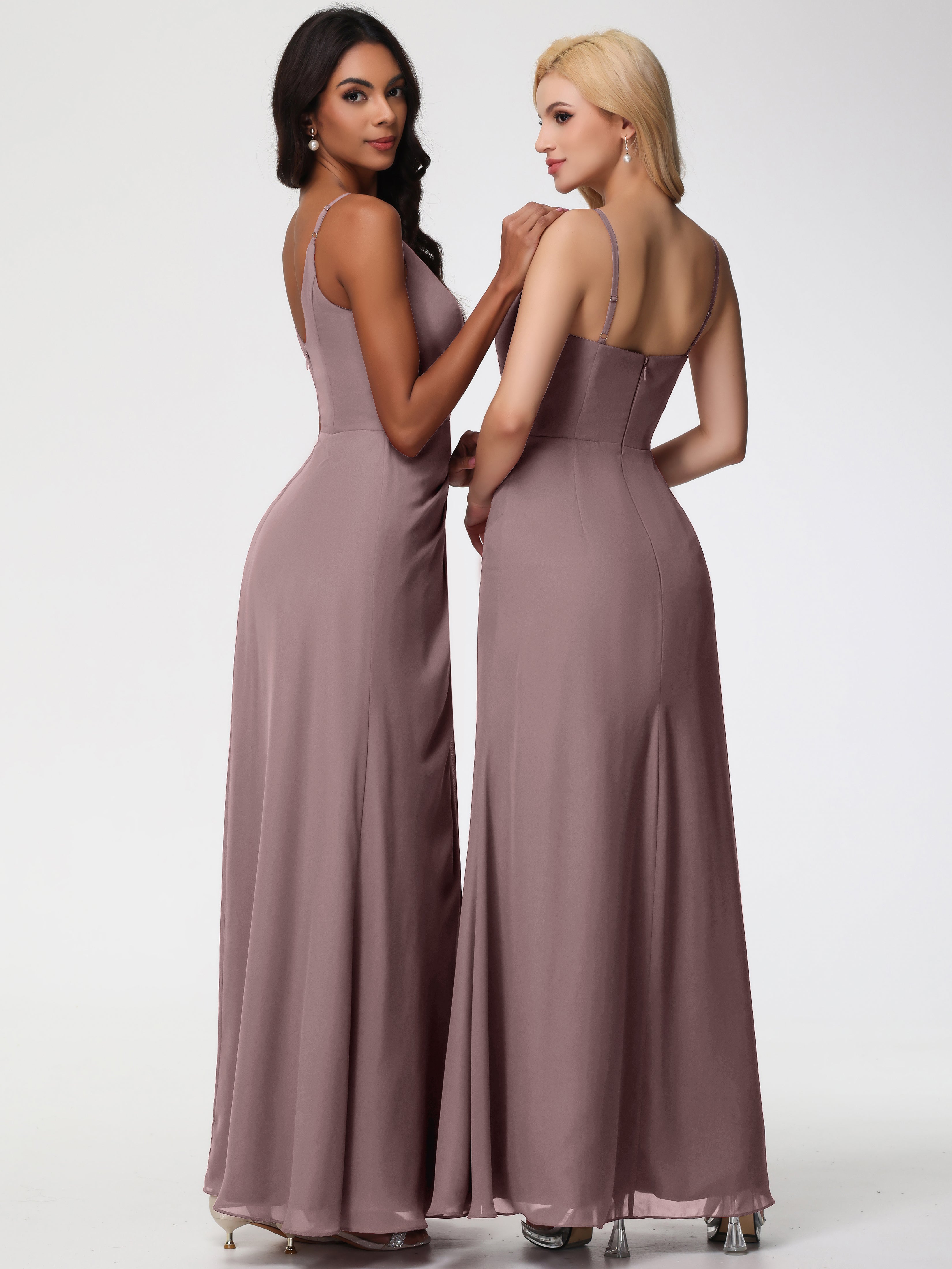 Robes De Demoiselle D'Honneur Mauve Foncé Bretelles Spaghetti Fendue Fourreau/Colonne Mousseline Robe Demoiselle D'Honneur