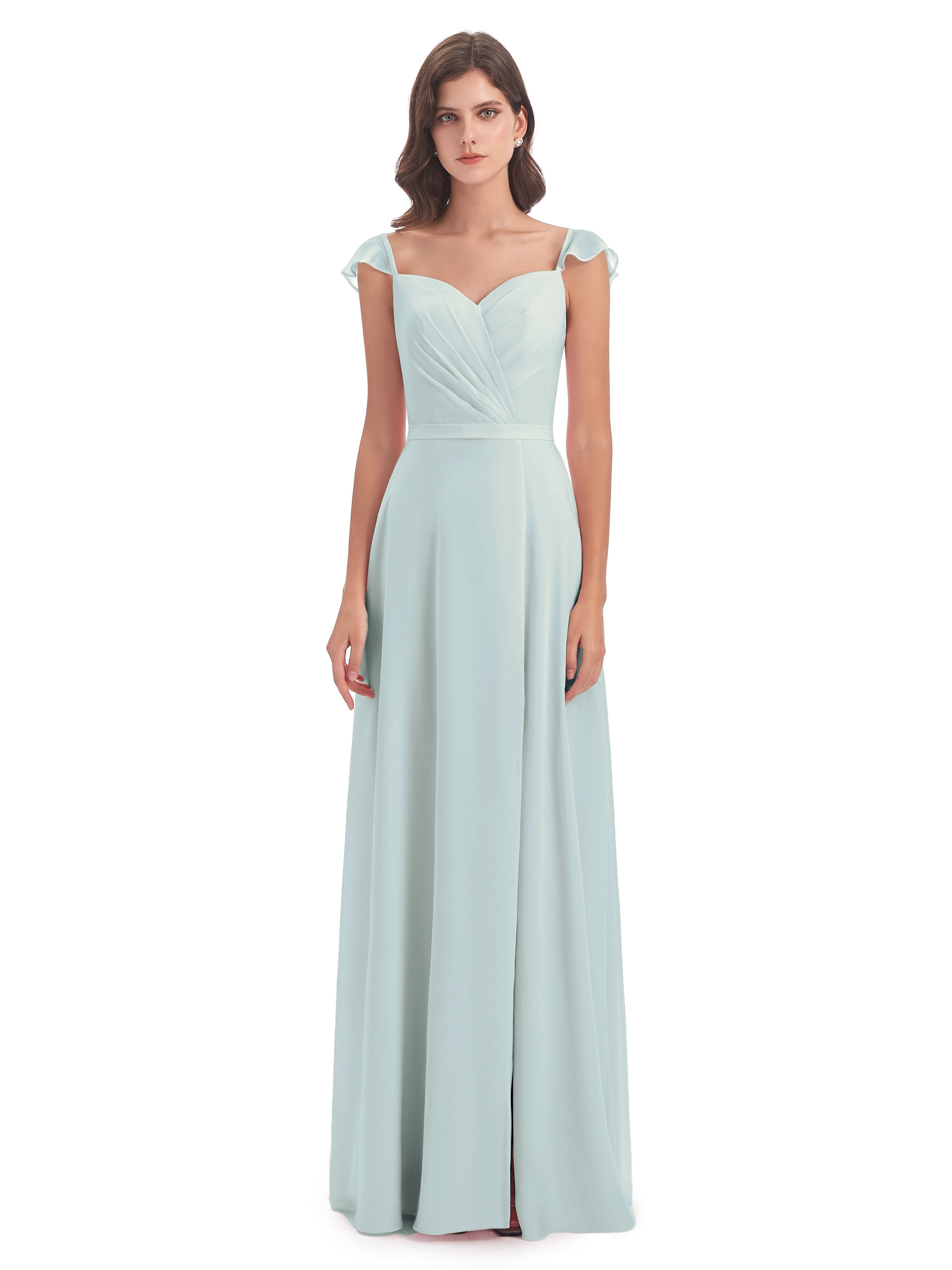 Robe Demoiselle D Honneur Celadon Fourreau/Colonne Mancherons Fendue Devant Robes Demoiselle D'Honneur