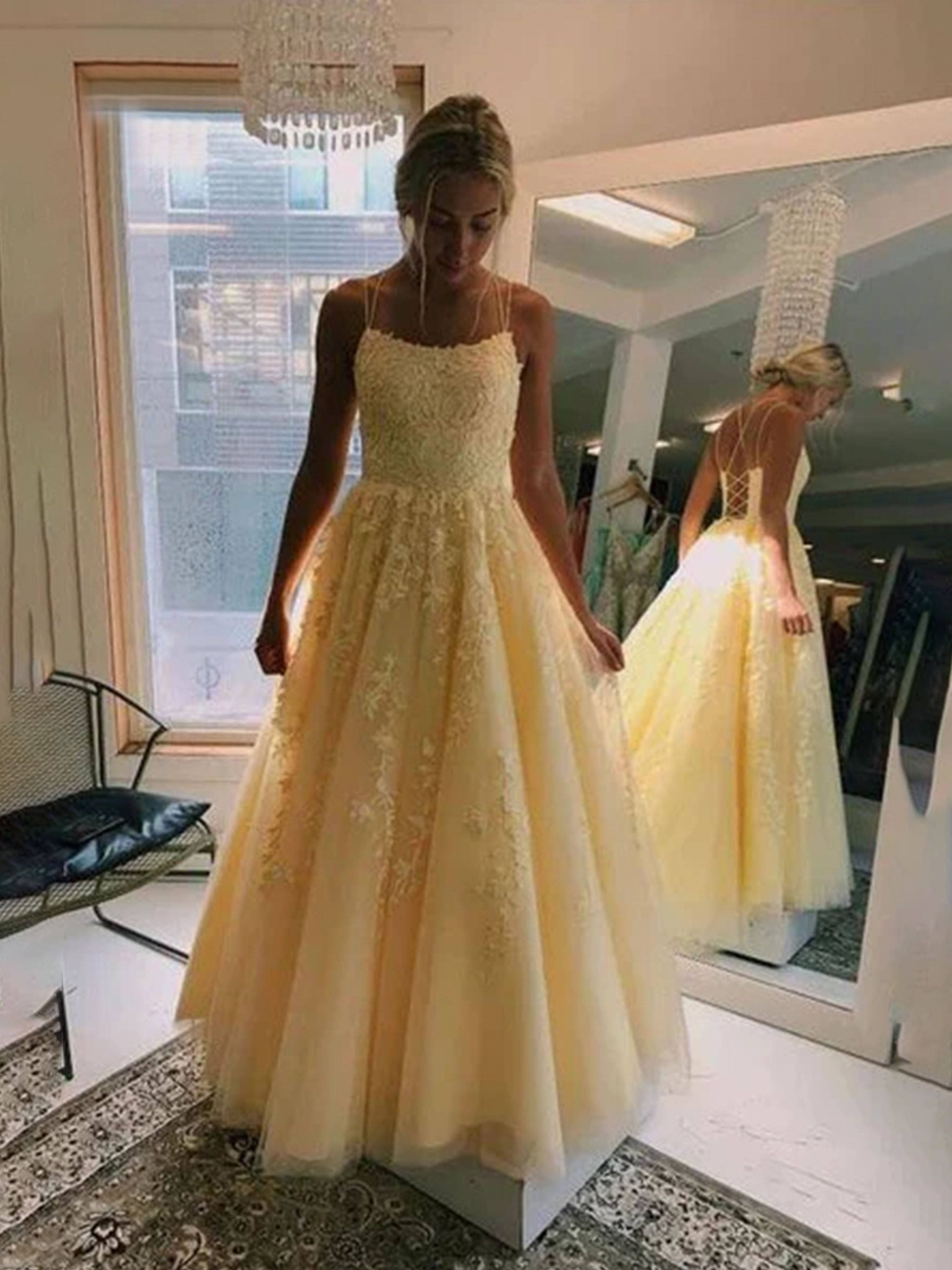 Robe de Bal JONQUILLE en Dentelle à Bretelles Fines Coupe A avec Appliqués en Tulle Élégante