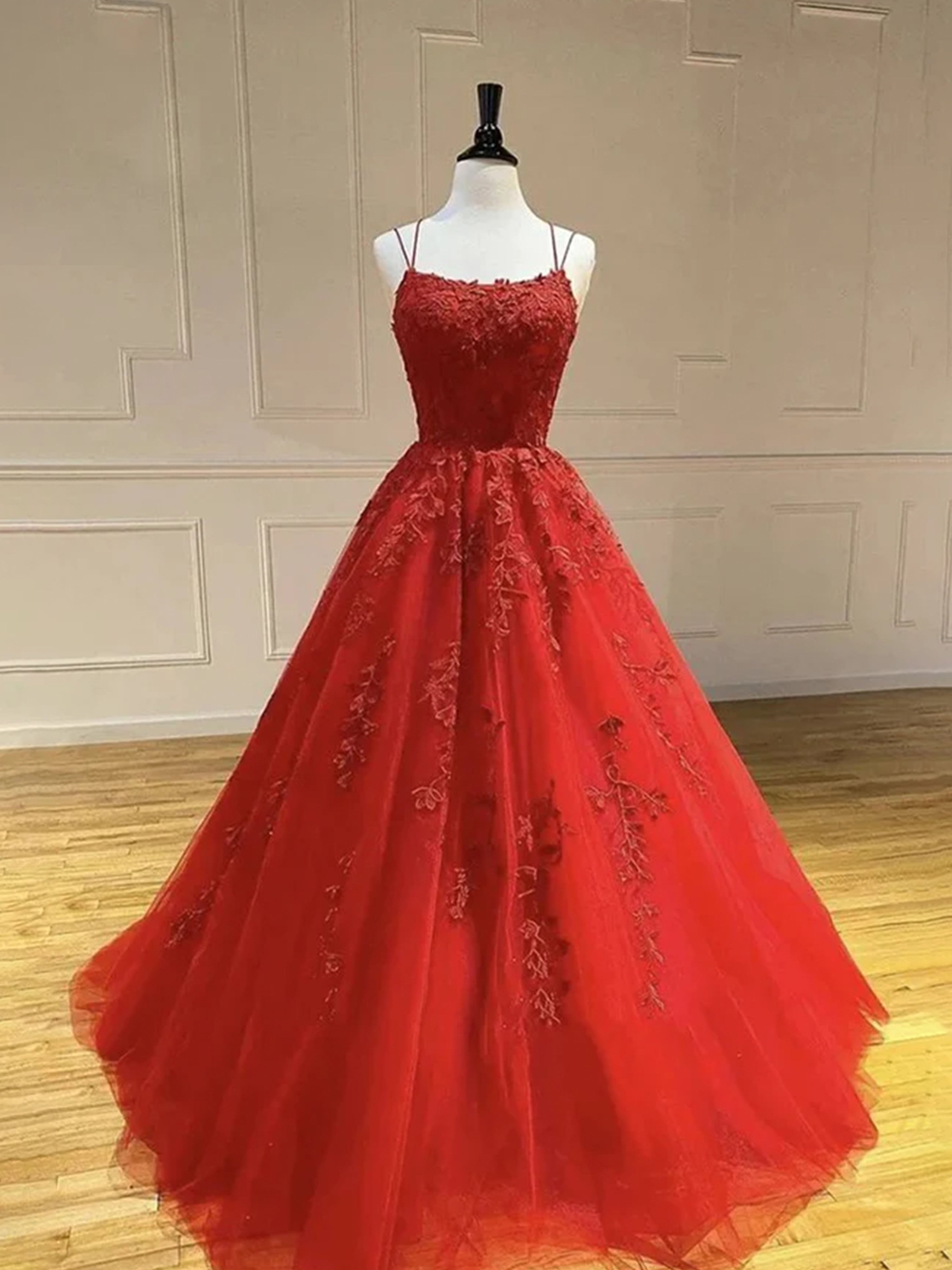 Robe de Bal Rouge en Dentelle à Bretelles Fines Coupe A avec Appliqués en Tulle Élégante