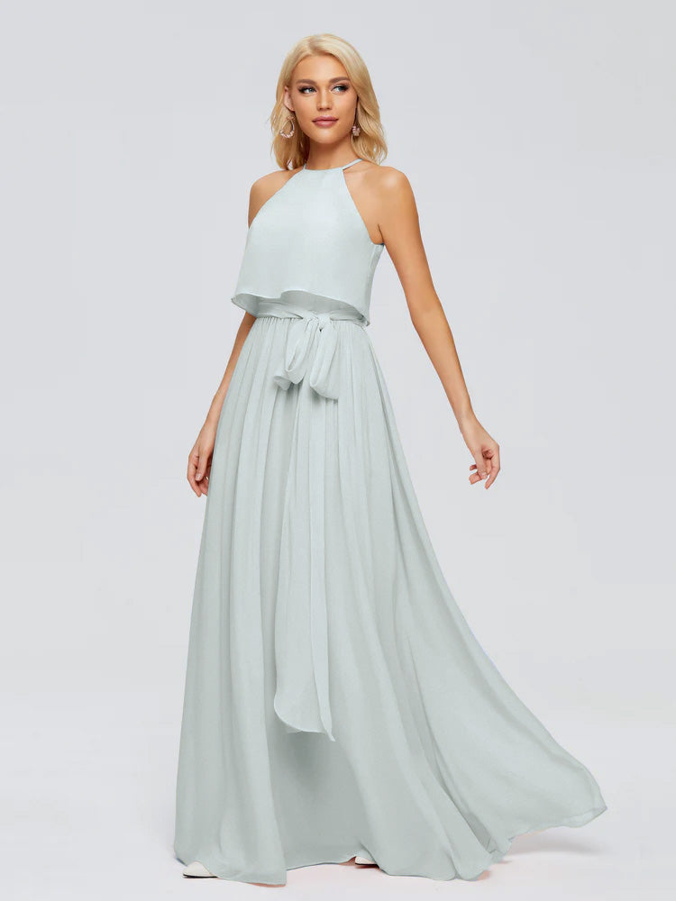 Robes De Demoiselle D'Honneur Celadon Trapèze Licou Mousseline Robes Demoiselle D'Honneur