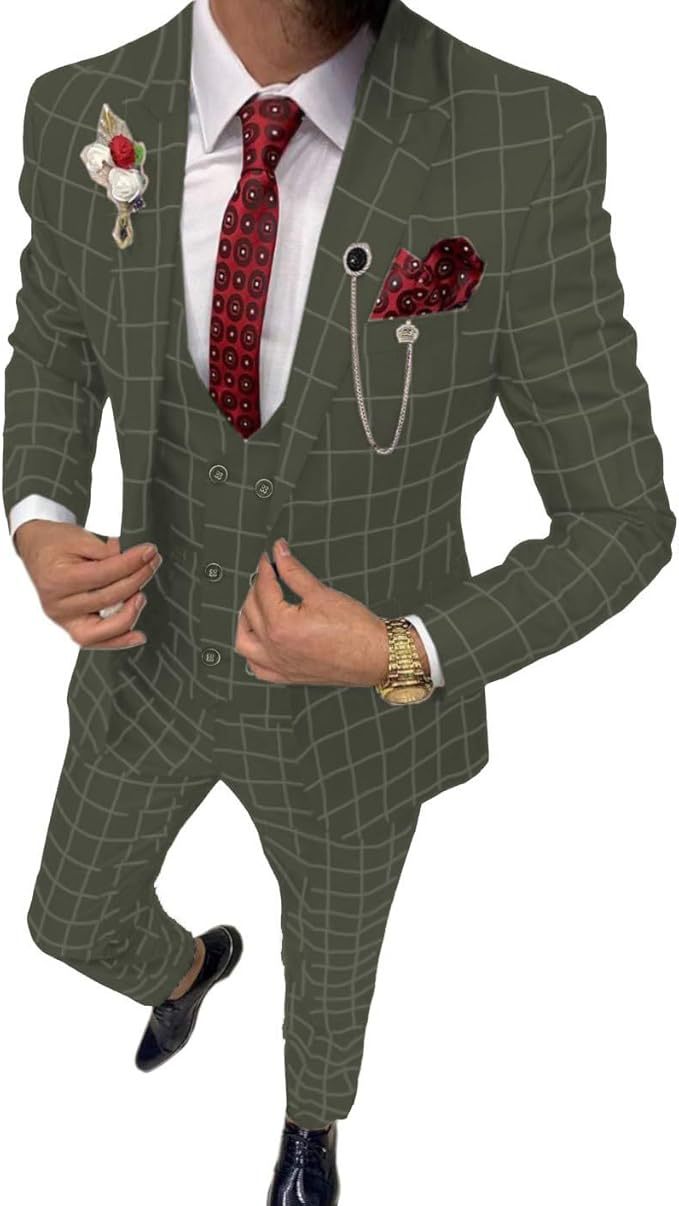 Costume Homme 3 Pièces en VERT_OLIVE à Carreaux Cérémonie Mariage & Affaires Taille Slim