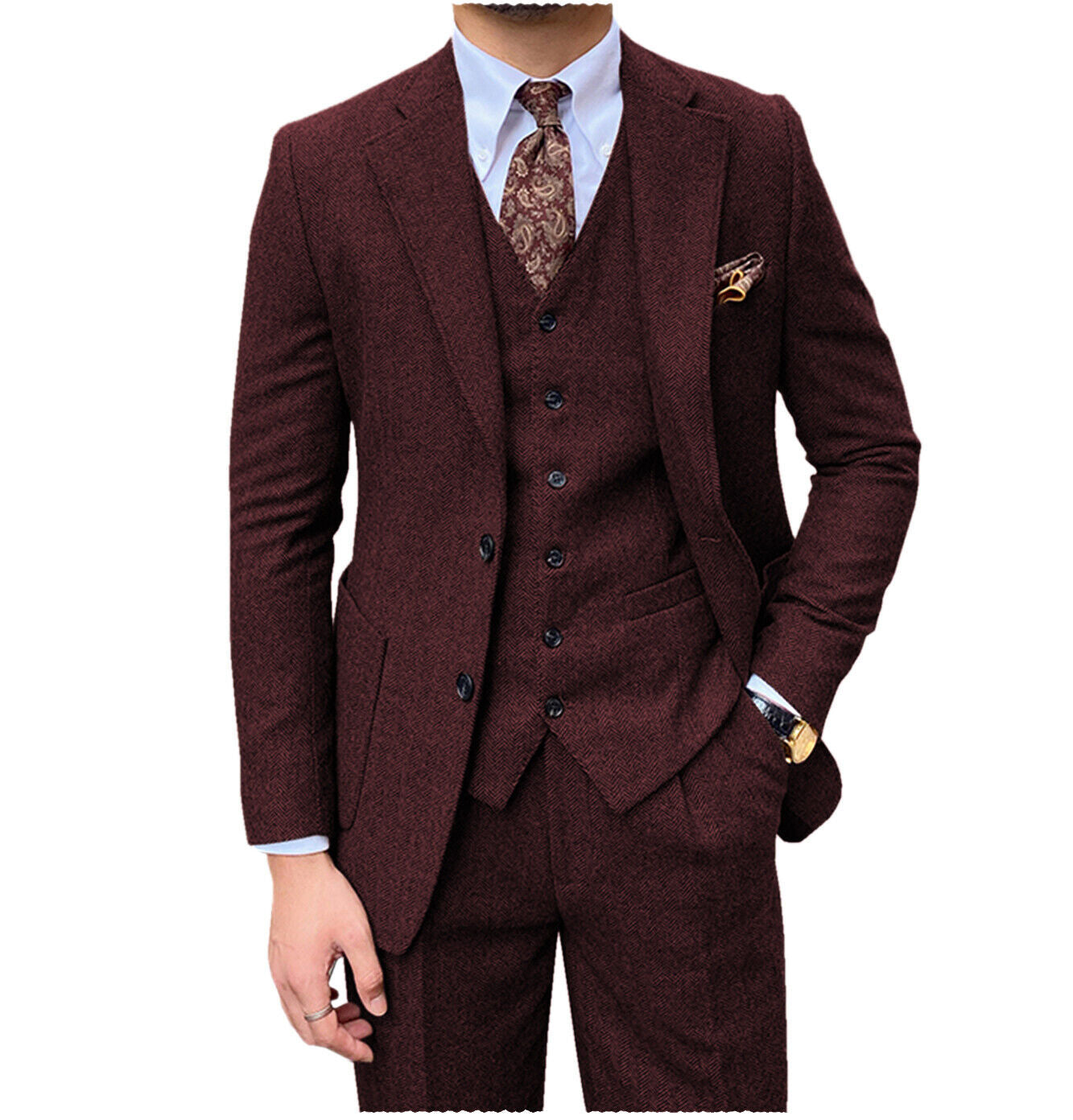 Costume Homme 3 Pièces en Laine Cardée à Motif Chevron  Nouvelle Collection Cérémonie & Affaires