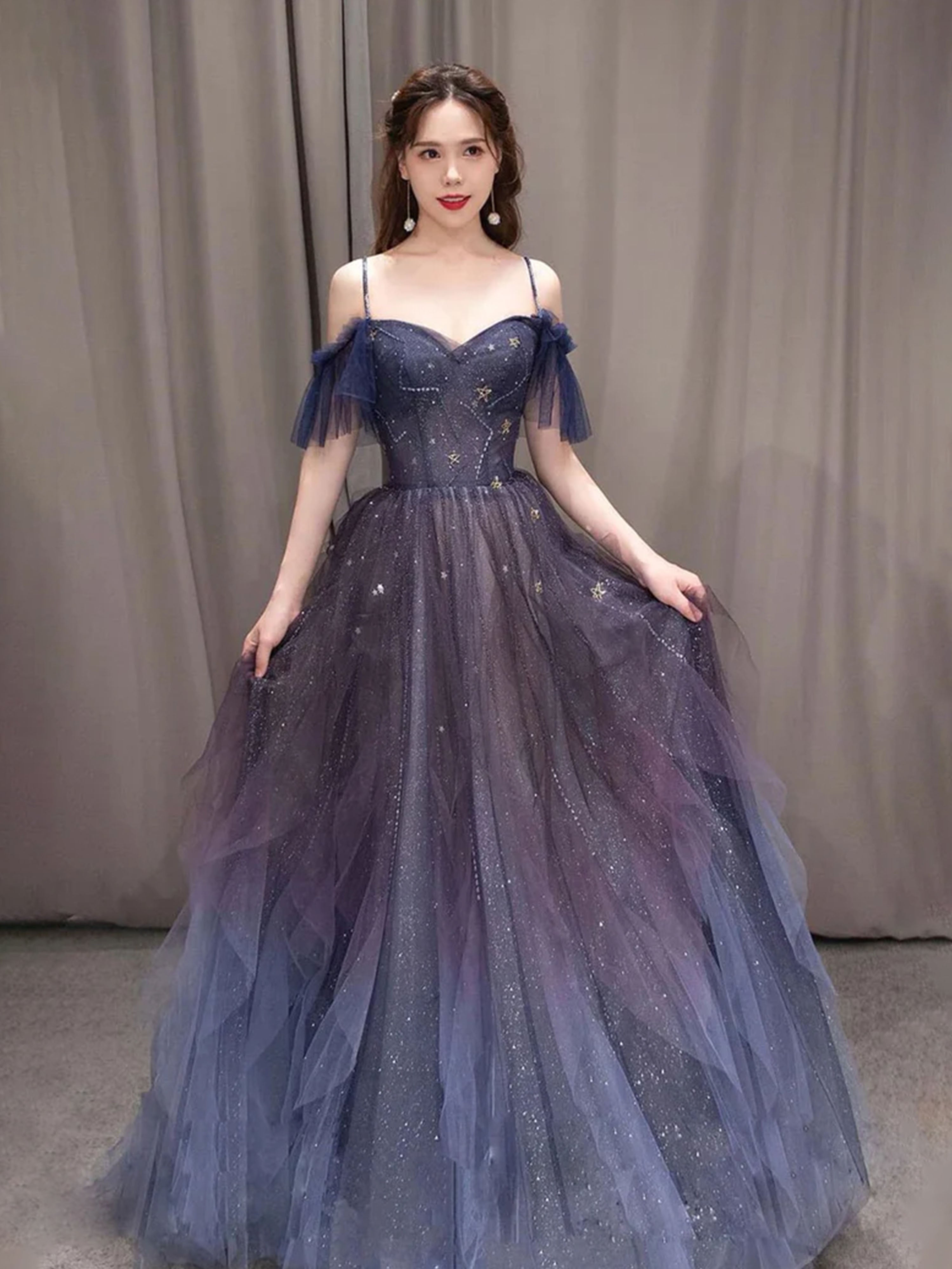 Robe de Bal Longue Dégradé Violet en Tulle Élégante Épaules Dénudées à Bretelles