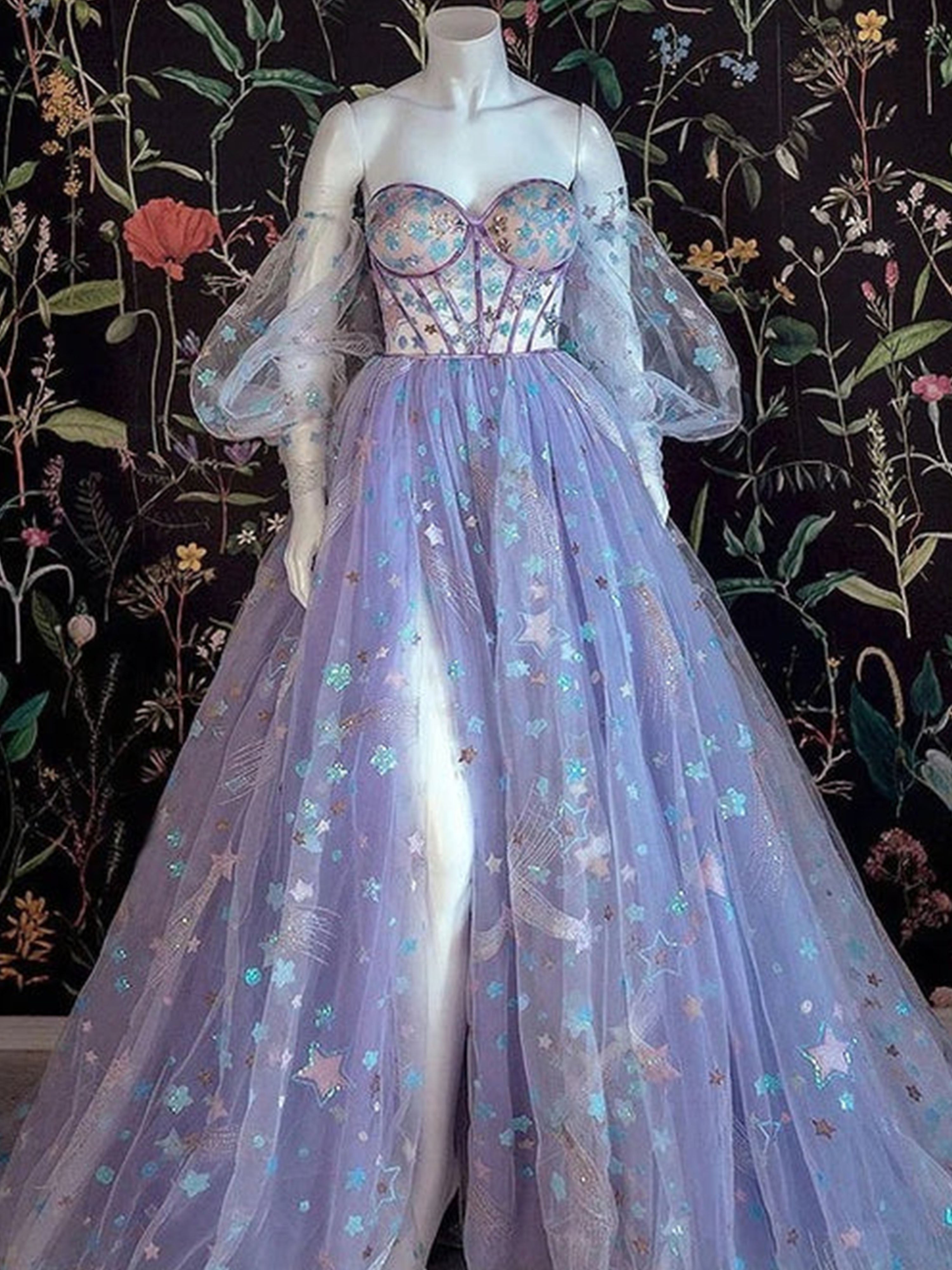 Robe de Bal en Tulle à Fleurs Coupe A Épaules Dénudées Encolure Cœur Longueur Sol