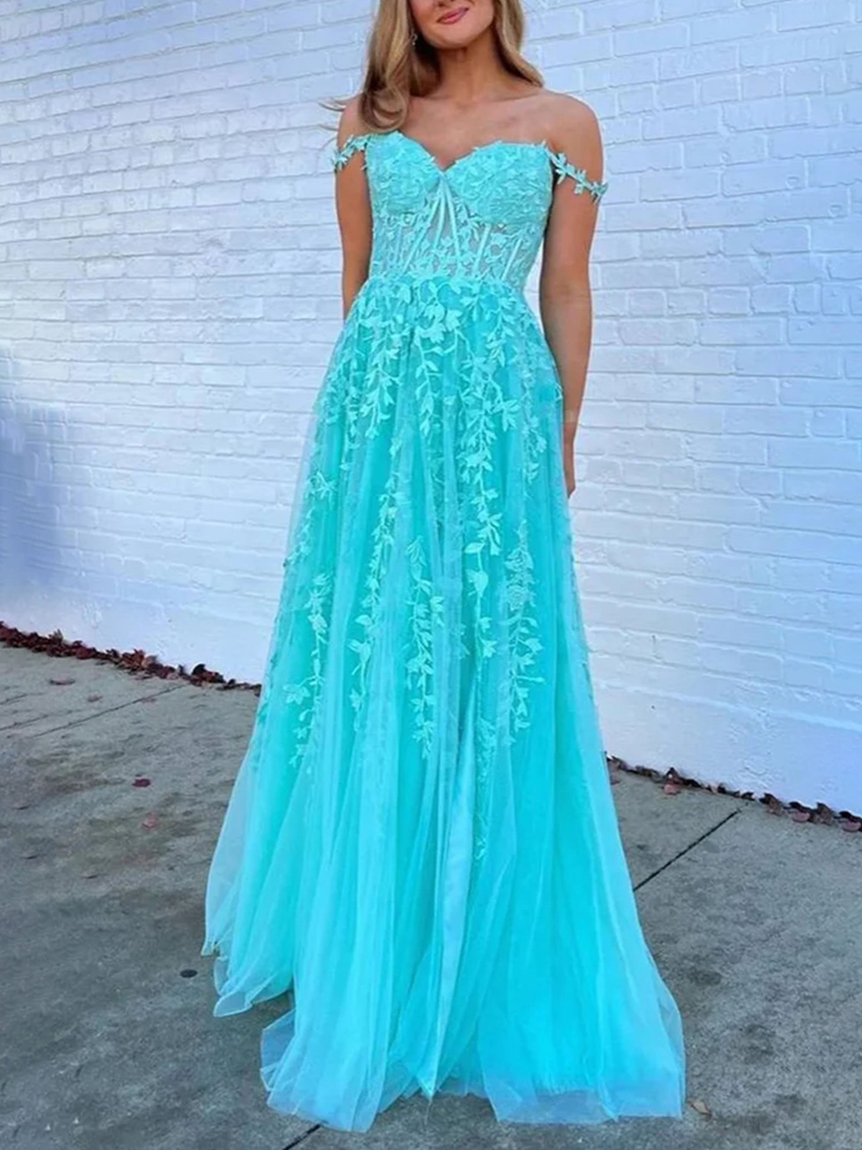 Robe de Bal TURQUOISE Épaules Dénudées Encolure Cœur Coupe A à Appliqués Dentelle
