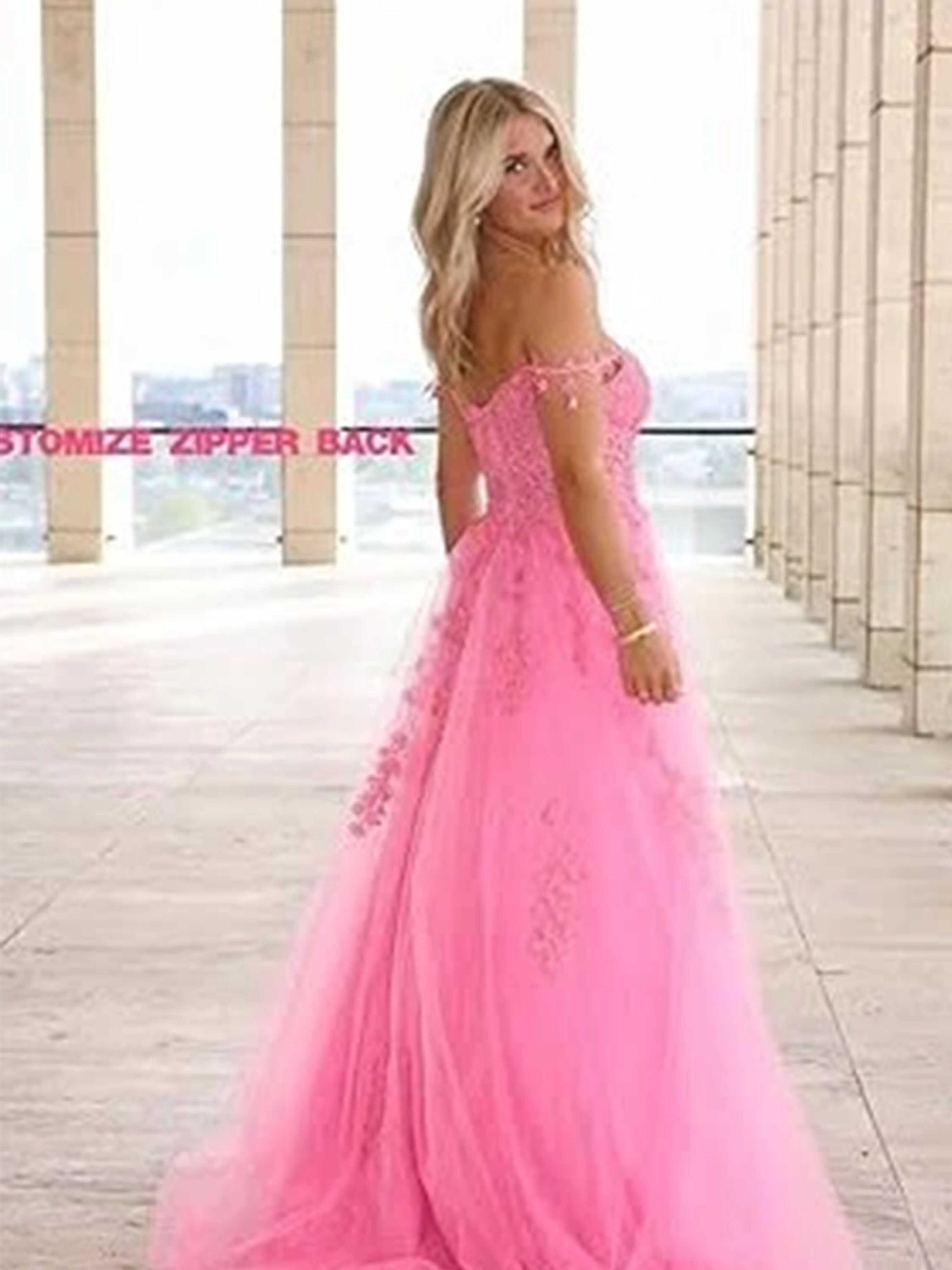 Robe de Bal Rose Épaules Dénudées Encolure Cœur Coupe A à Appliqués Dentelle