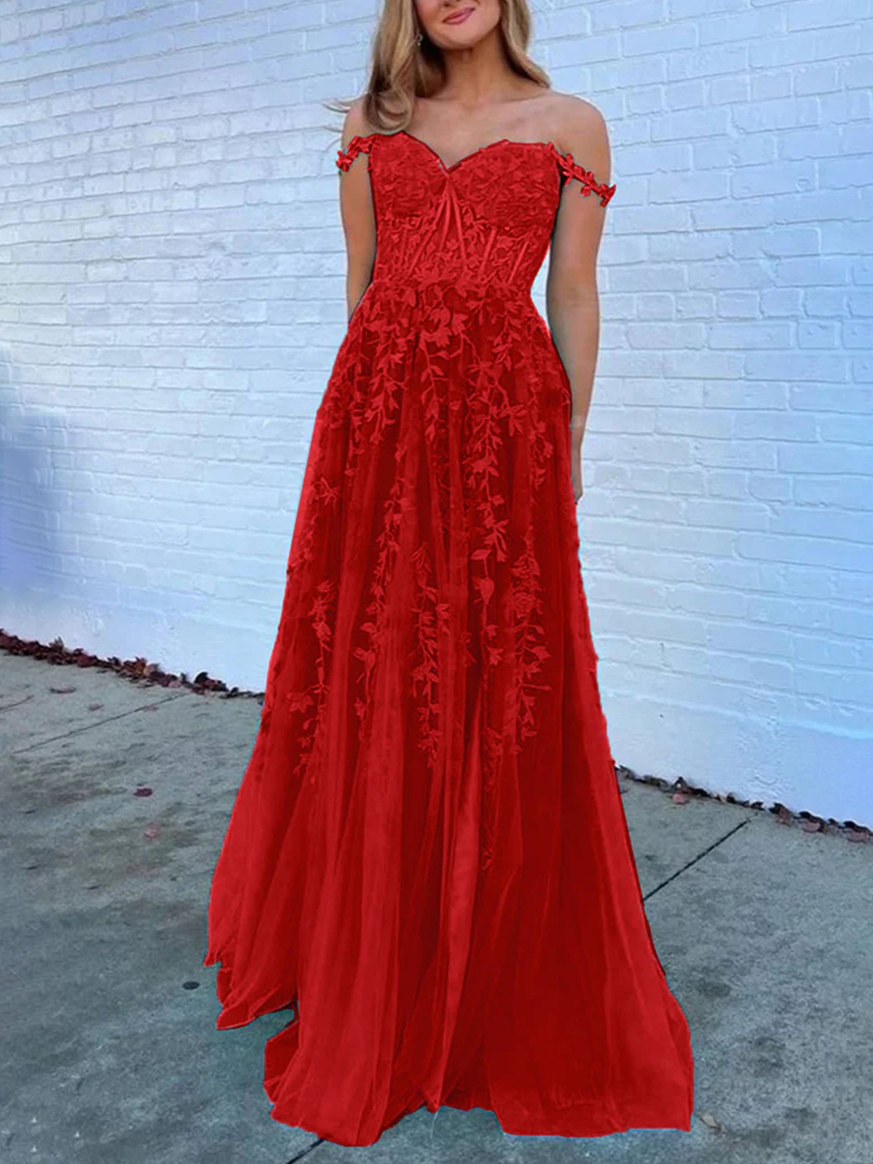 Robe de Bal Rouge Épaules Dénudées Encolure Cœur Coupe A à Appliqués Dentelle