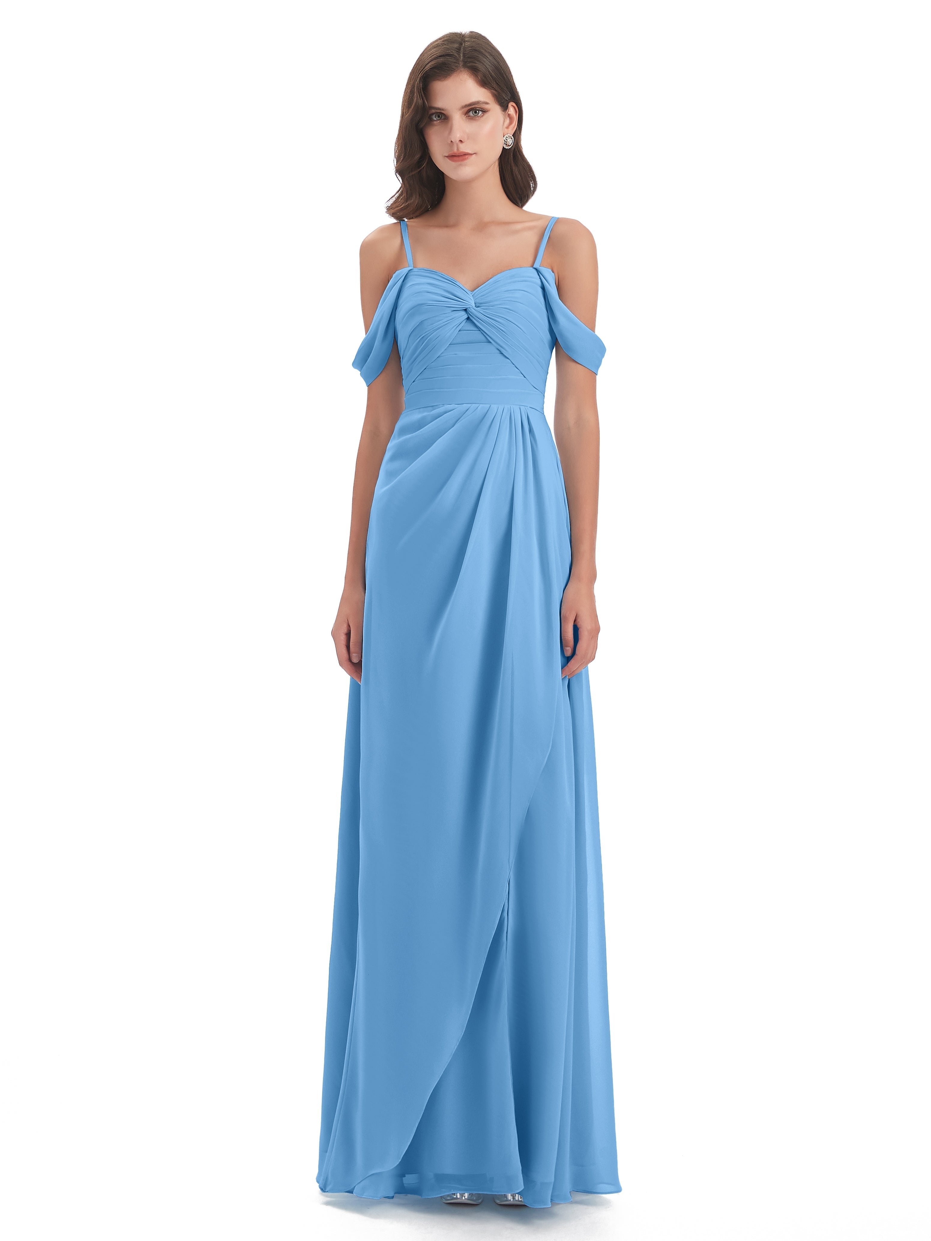Robe Demoiselle Dhonneur Bleu Fendue Devant Bretelles Spaghetti Robes Demoiselle D'Honneur