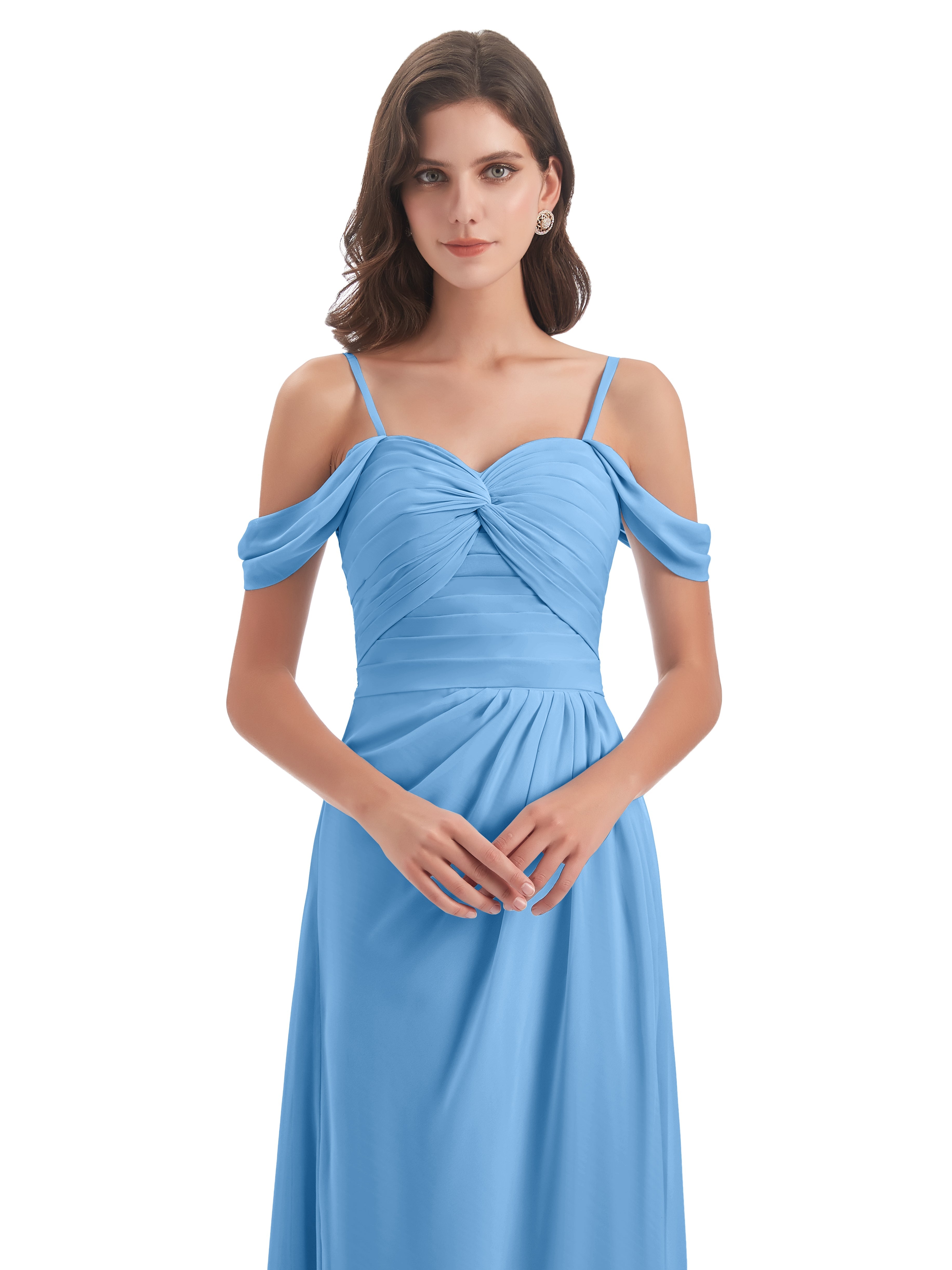 Robe Demoiselle Dhonneur Bleu Fendue Devant Bretelles Spaghetti Robes Demoiselle D'Honneur