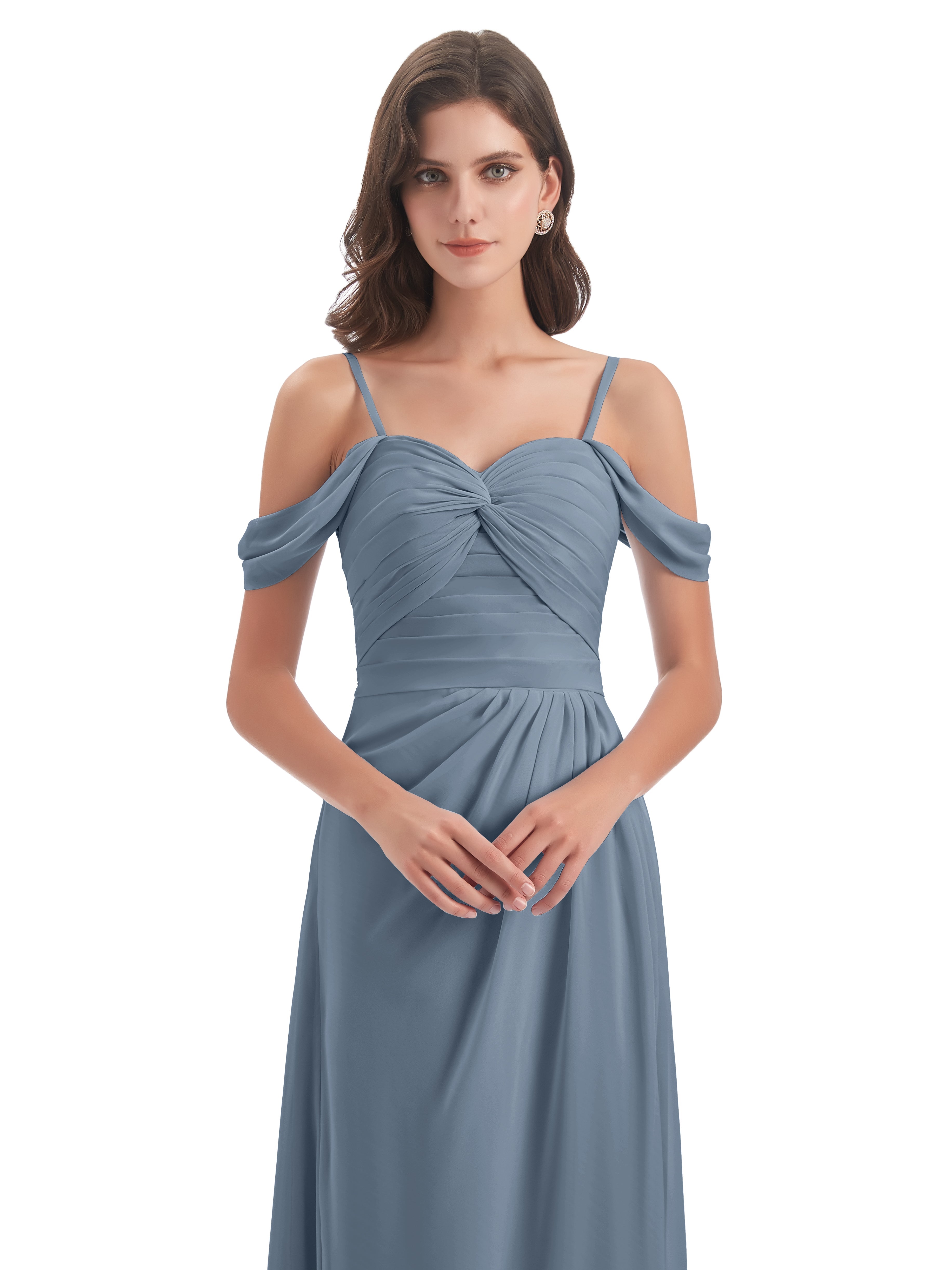 Robes De Demoiselle D'Honneur Bleu Gris Fendue Devant Bretelles Spaghetti Robes Demoiselle D'Honneur