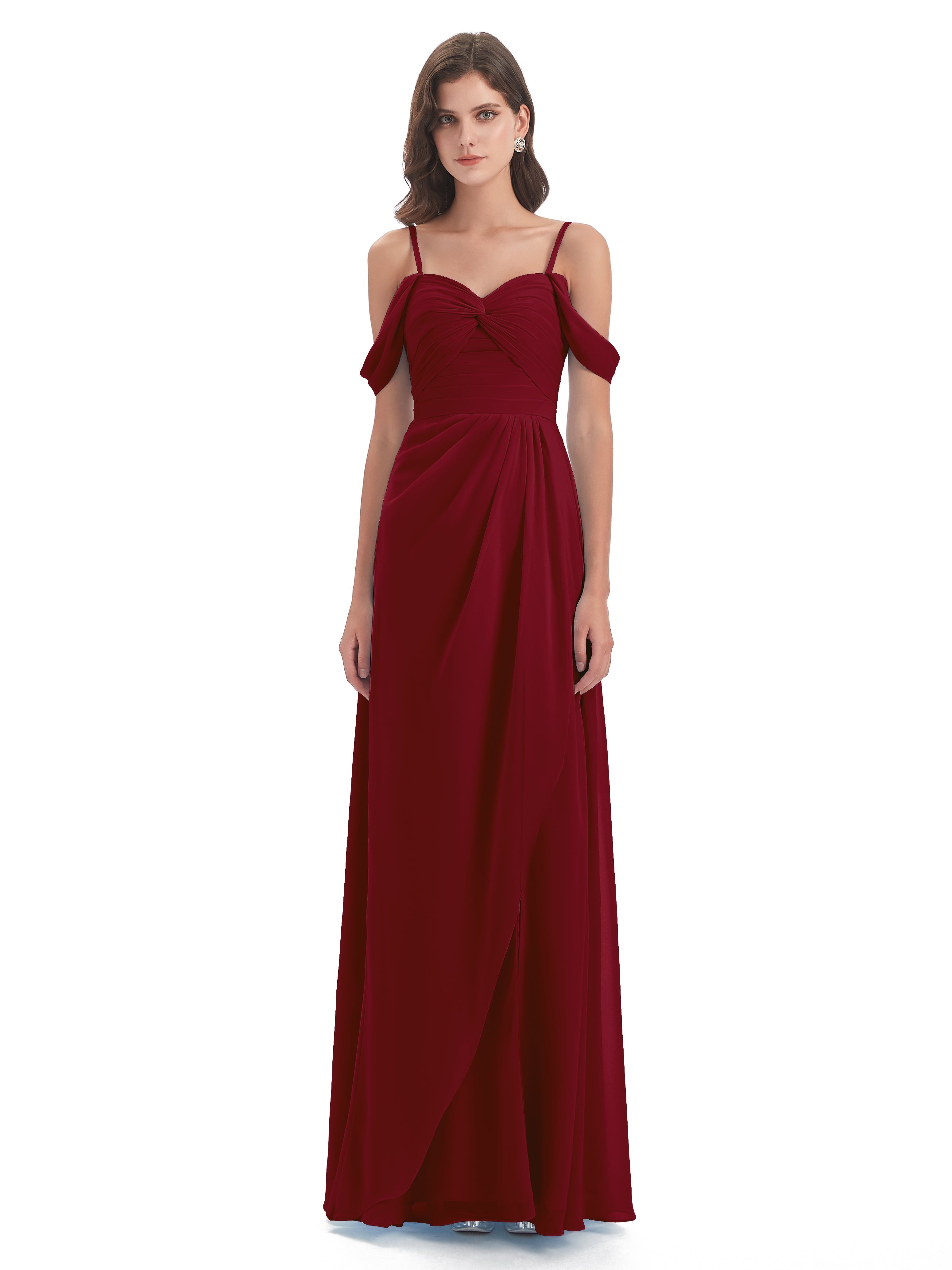 Robe Longue Demoiselle D Honneur Bordeaux Fendue Devant Bretelles Spaghetti Robes Demoiselle D'Honneur