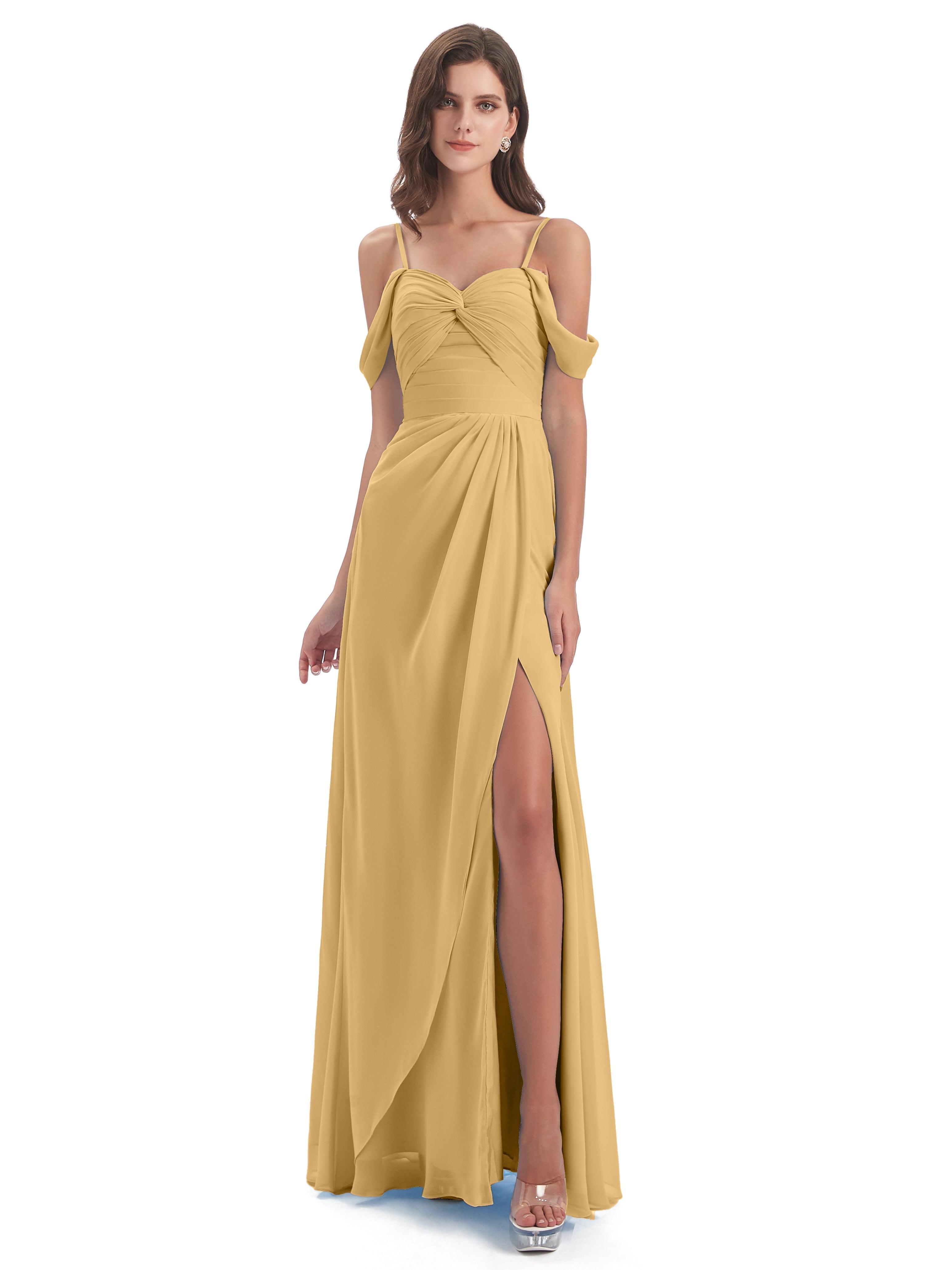 Robe De Demoiselle D Honneur Dorée Fendue Devant Bretelles Spaghetti Robes Demoiselle D'Honneur