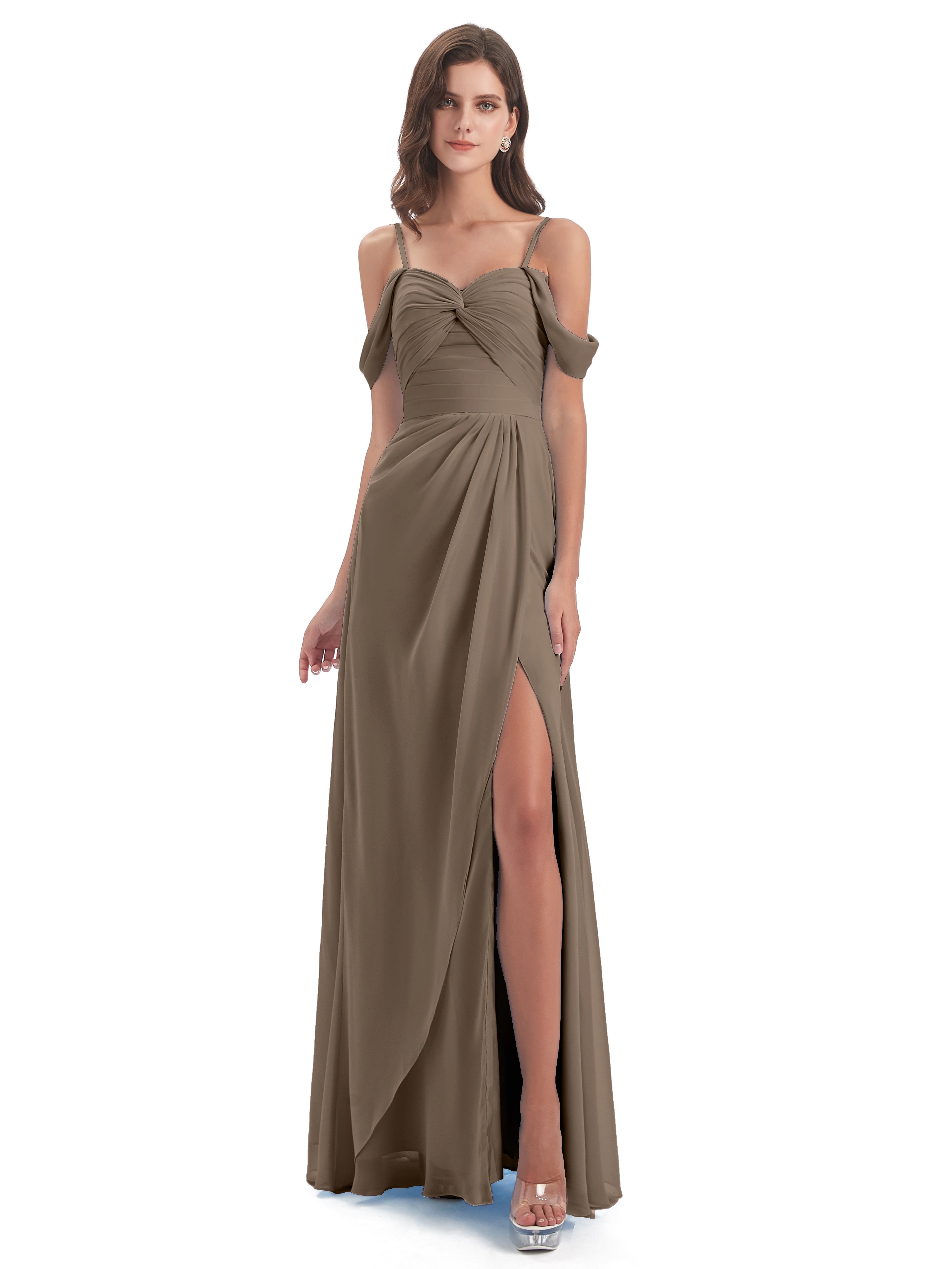 Robe Ceremonie Taupe Fendue Devant Bretelles Spaghetti Robes Demoiselle D'Honneur