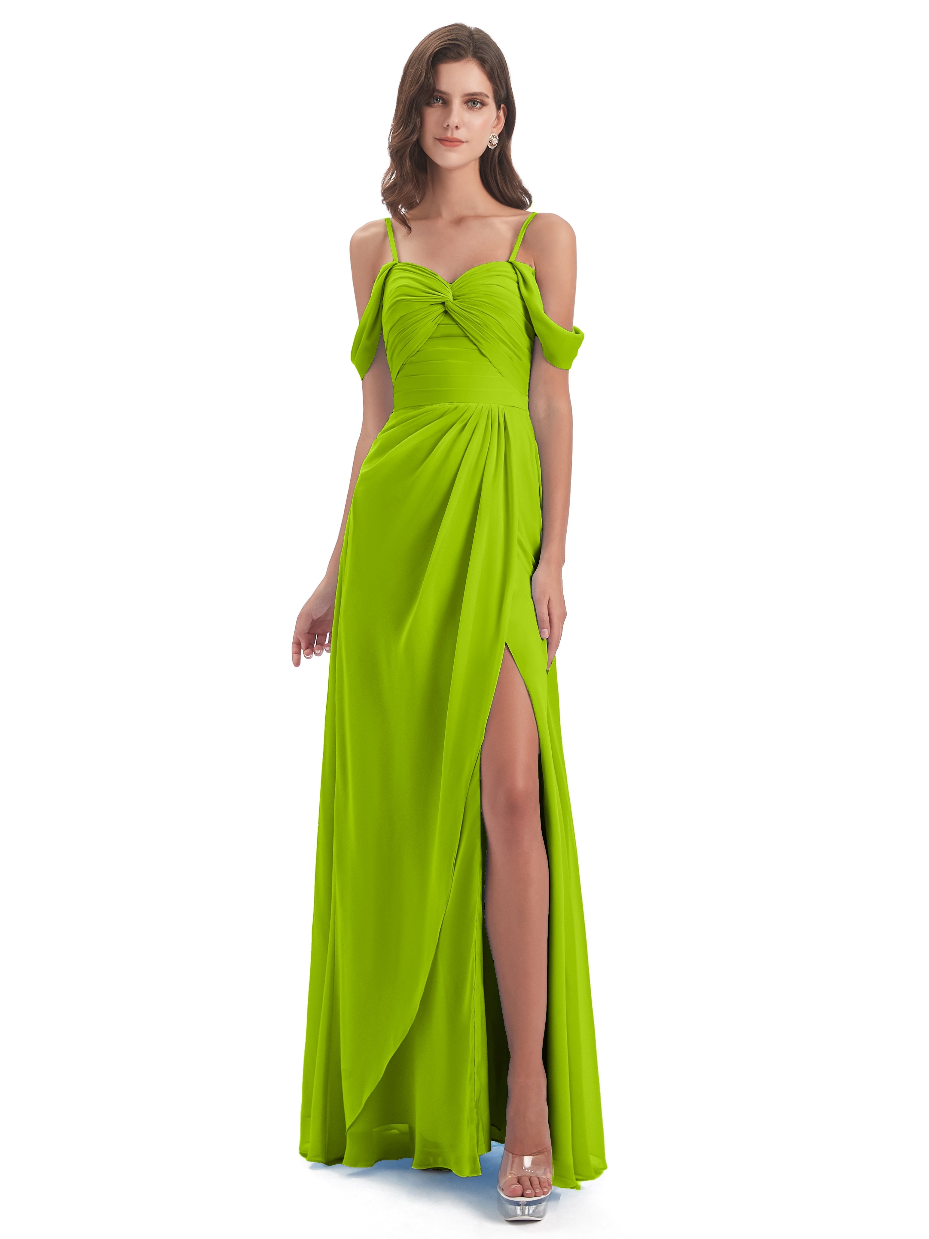 Robes De Demoiselle D'Honneur Vert Citron Fendue Devant Bretelles Spaghetti Robes Demoiselle D'Honneur