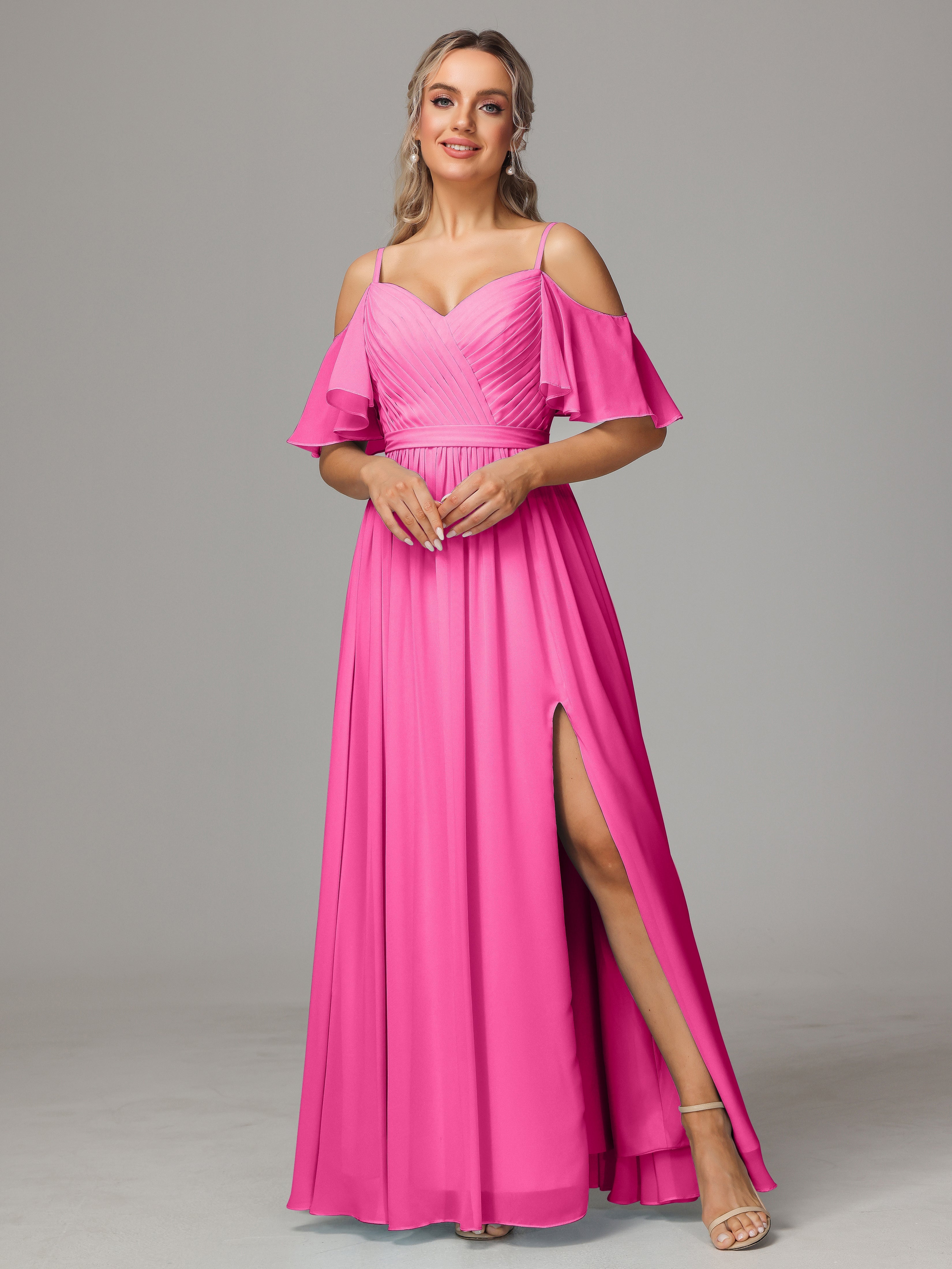 Robe Demoiselle D Honneur Azalée Accueil Froid Fendue Trapèze Mousseline Longue Robes Demoiselle D'Honneur Avec Plissé