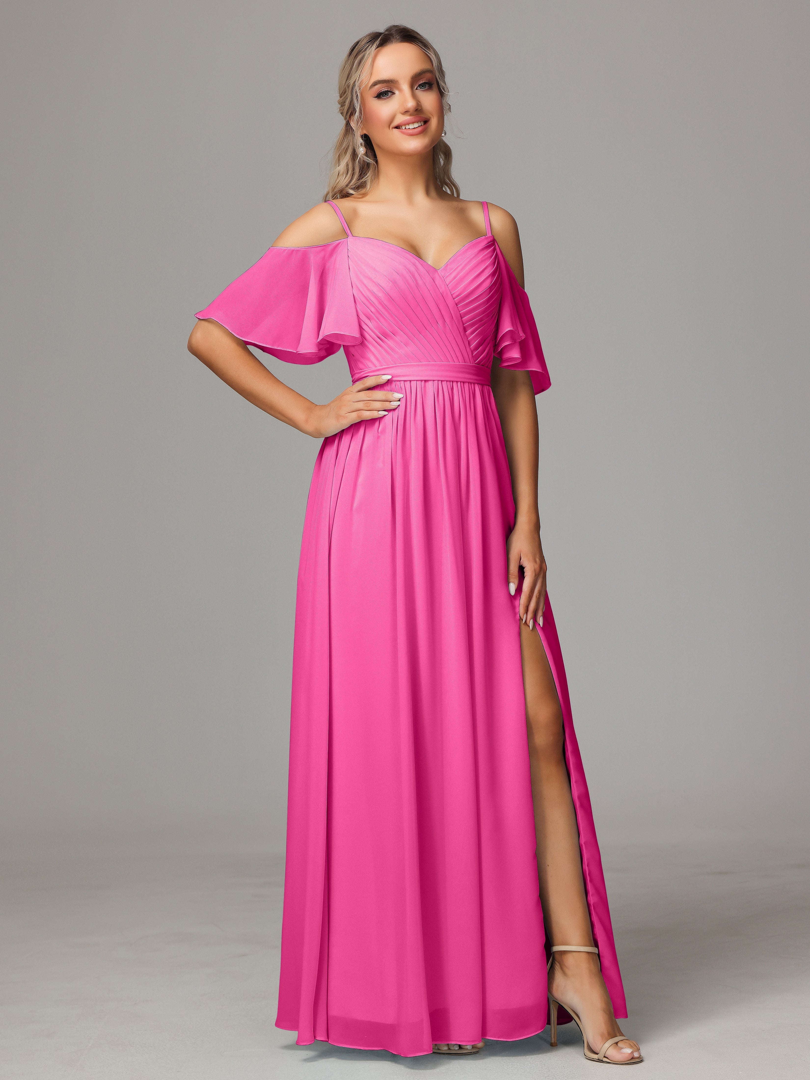 Robe Demoiselle D Honneur Azalée Accueil Froid Fendue Trapèze Mousseline Longue Robes Demoiselle D'Honneur Avec Plissé