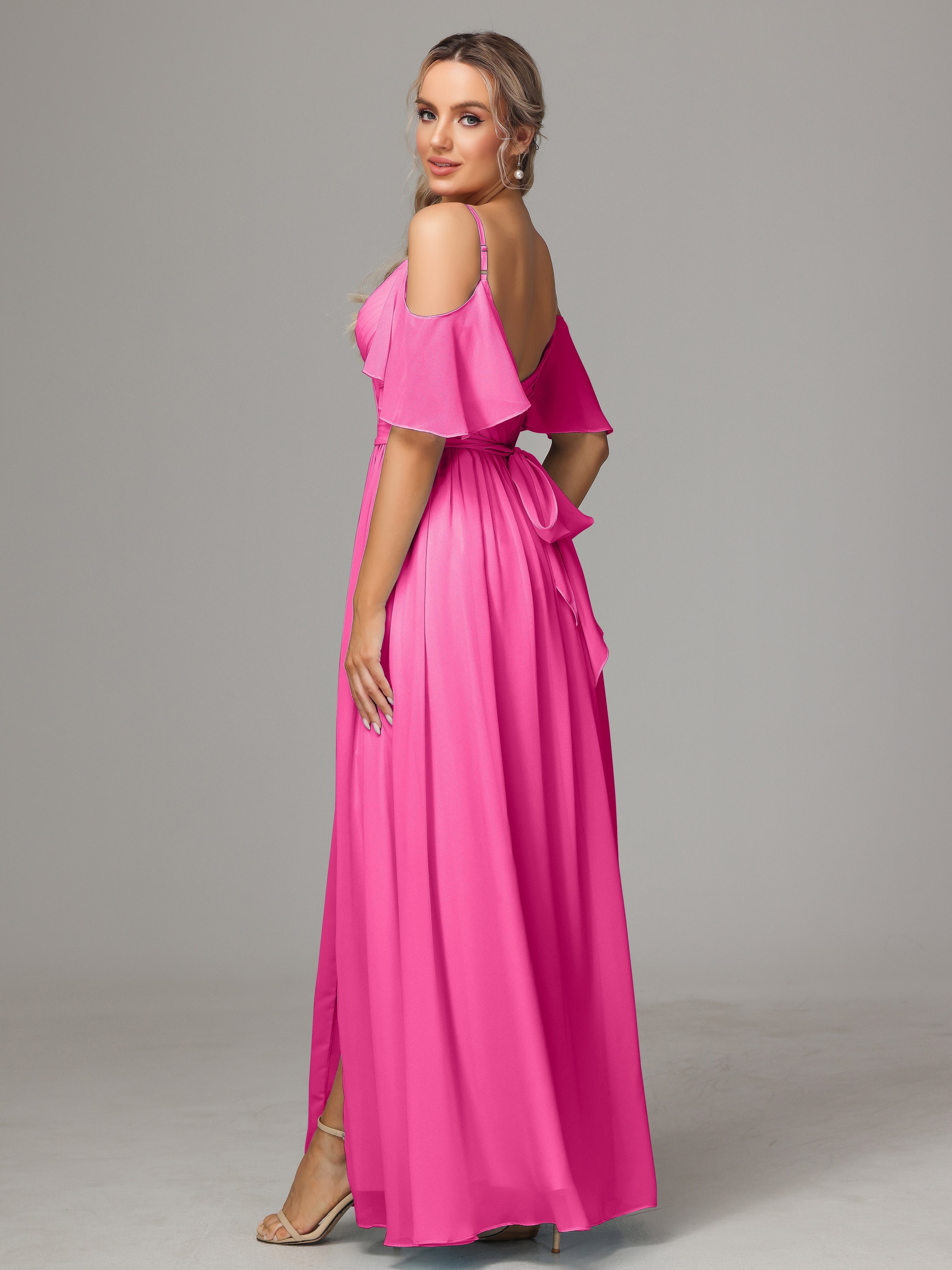 Robe Demoiselle D Honneur Azalée Accueil Froid Fendue Trapèze Mousseline Longue Robes Demoiselle D'Honneur Avec Plissé