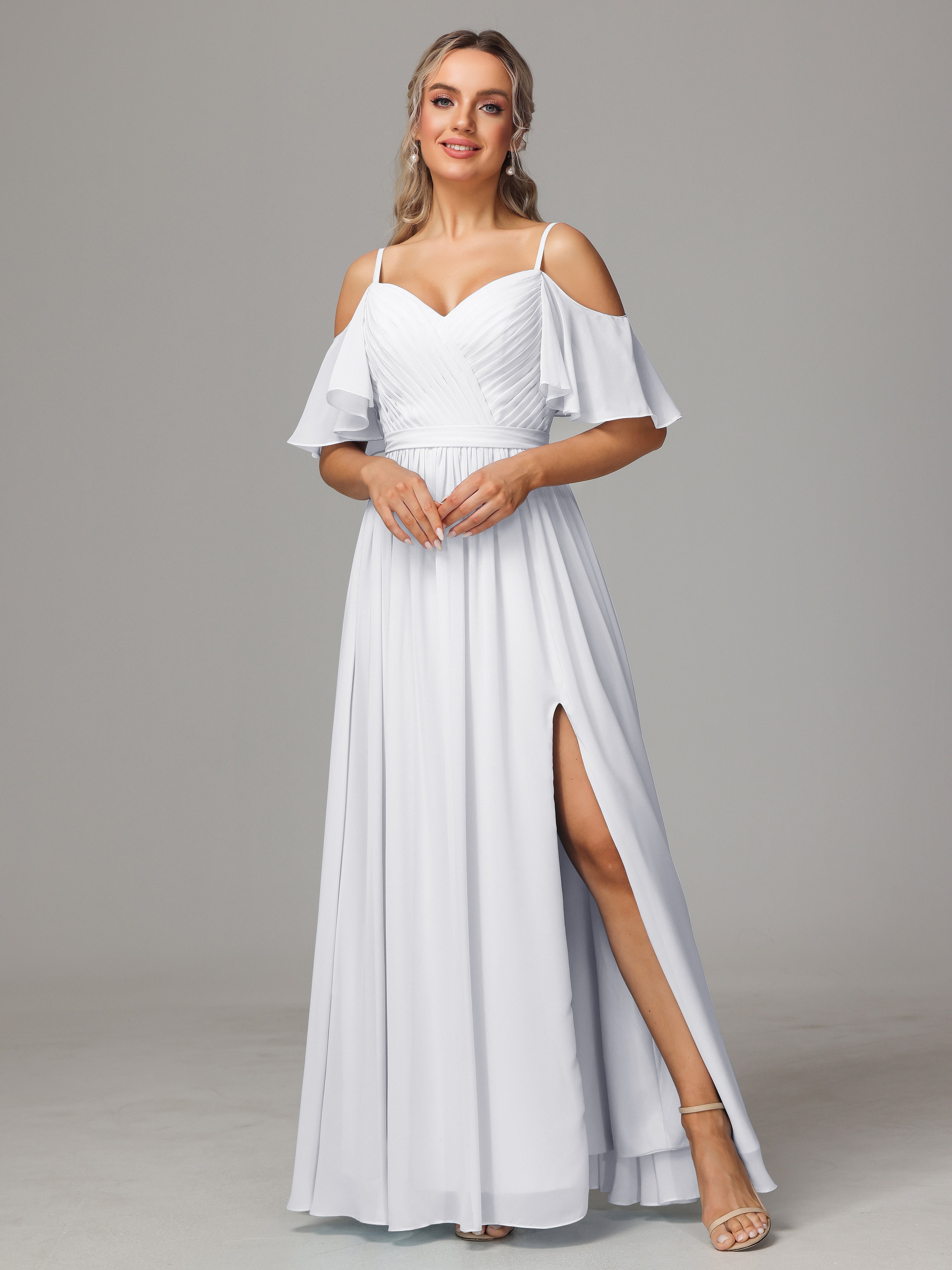 Toutes Les Robes De Demoiselle D'Honneur Blanches Accueil Froid Fendue Trapèze Mousseline Longue Robes Demoiselle D'Honneur Avec Plissé