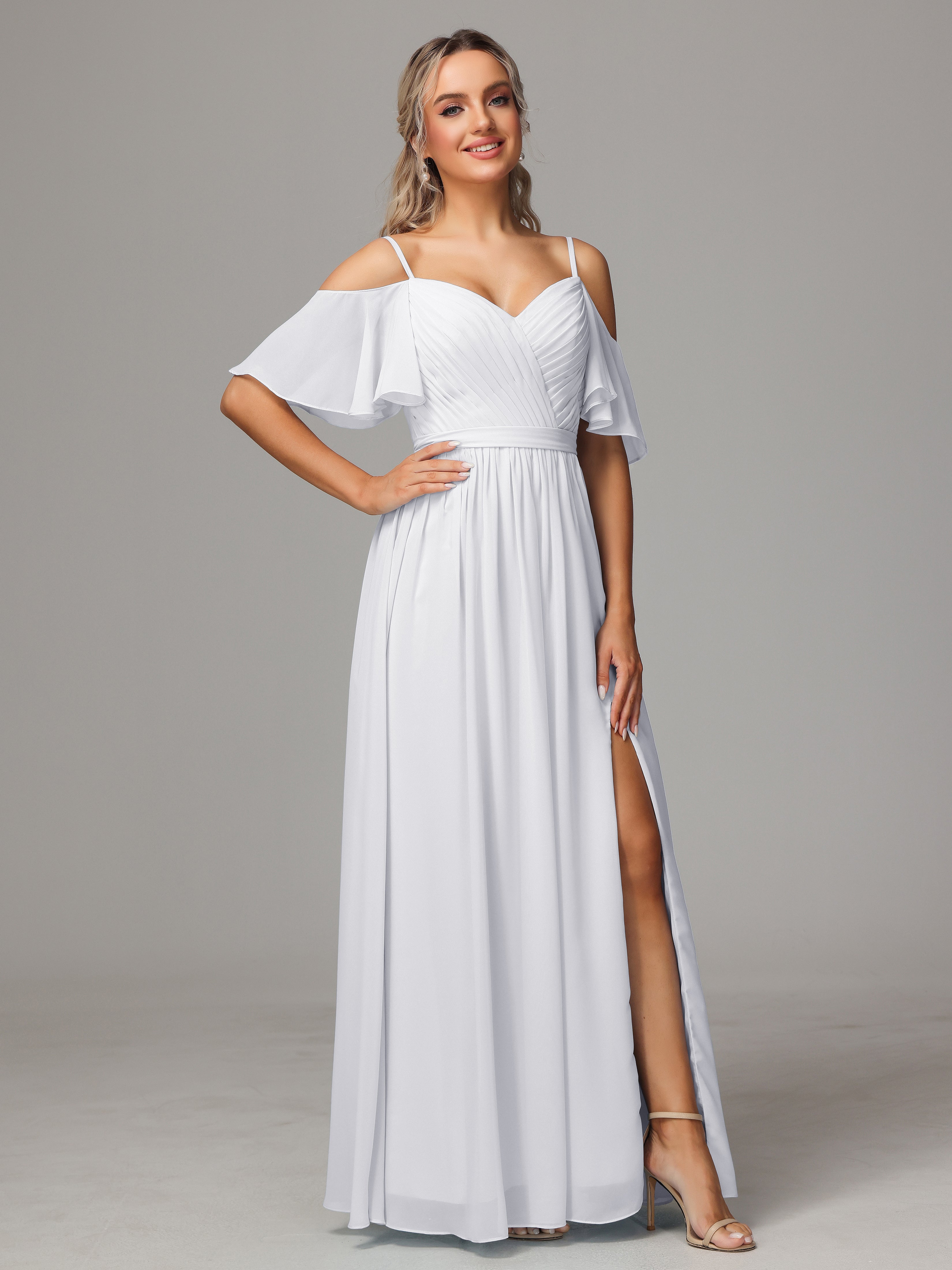 Toutes Les Robes De Demoiselle D'Honneur Blanches Accueil Froid Fendue Trapèze Mousseline Longue Robes Demoiselle D'Honneur Avec Plissé