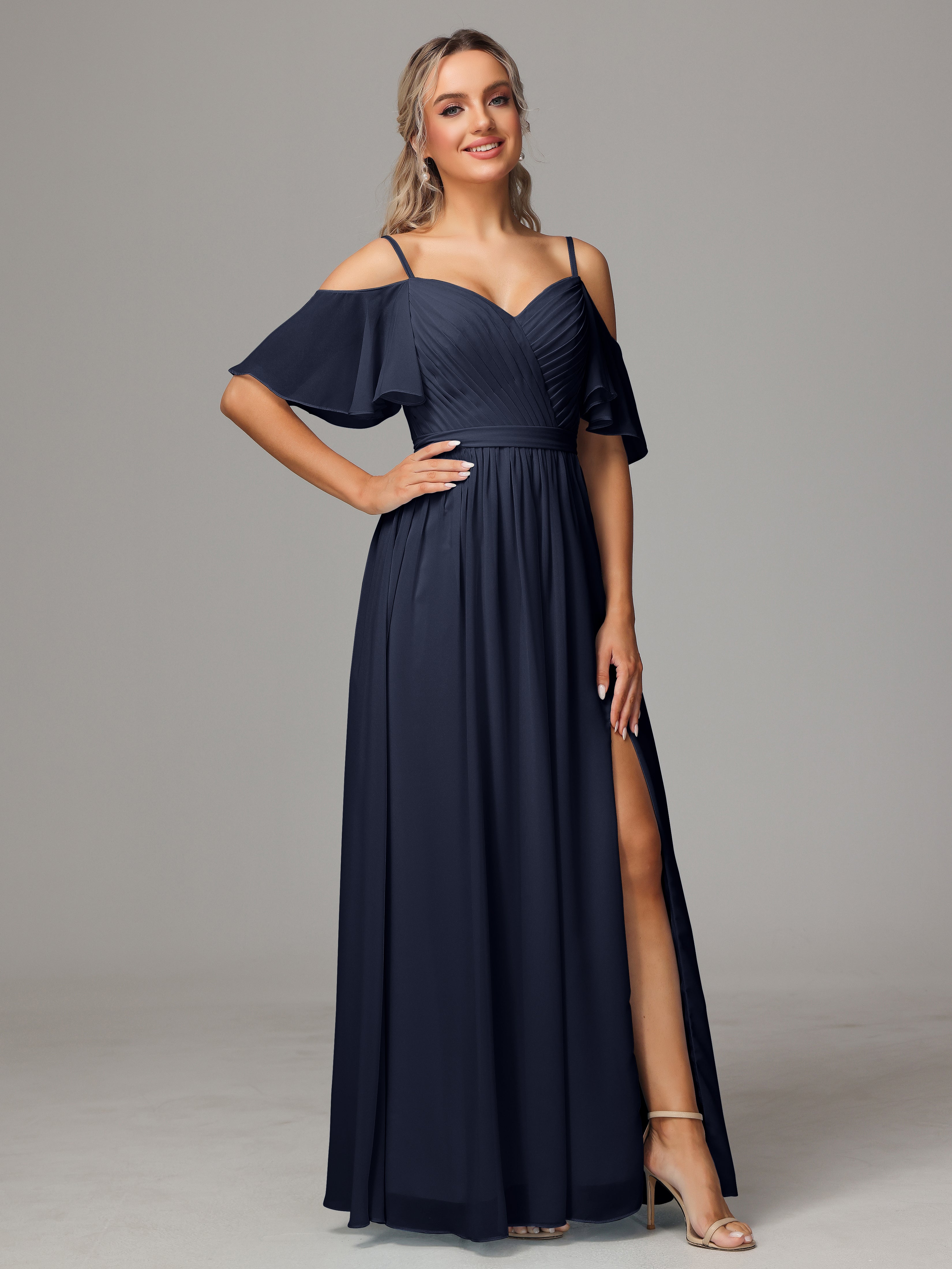 Demoiselle D'Honneur Bleu Marine Fendue Trapèze Mousseline Longue Robes Demoiselle D'Honneur Avec Plissé