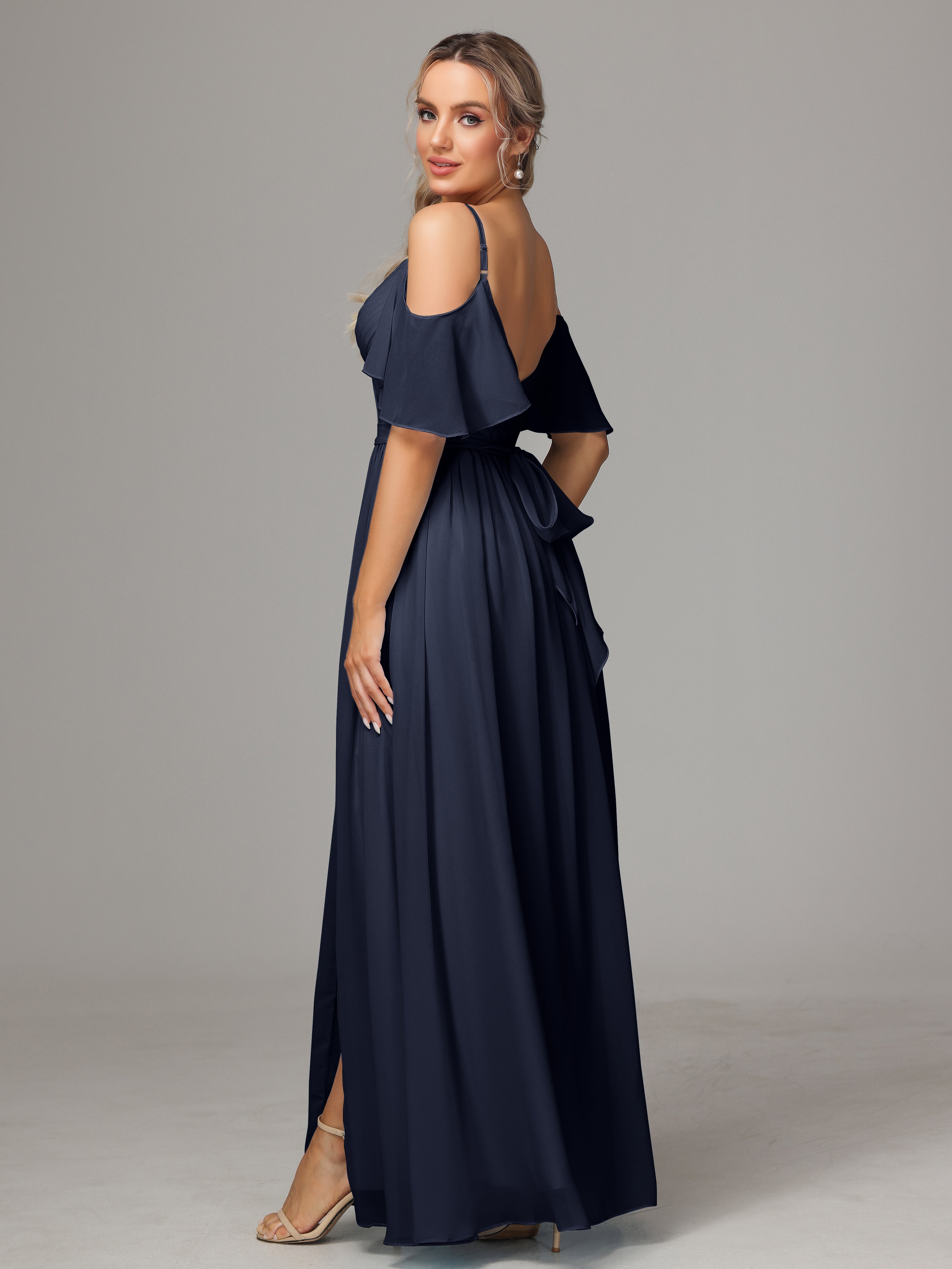 Demoiselle D'Honneur Bleu Marine Fendue Trapèze Mousseline Longue Robes Demoiselle D'Honneur Avec Plissé