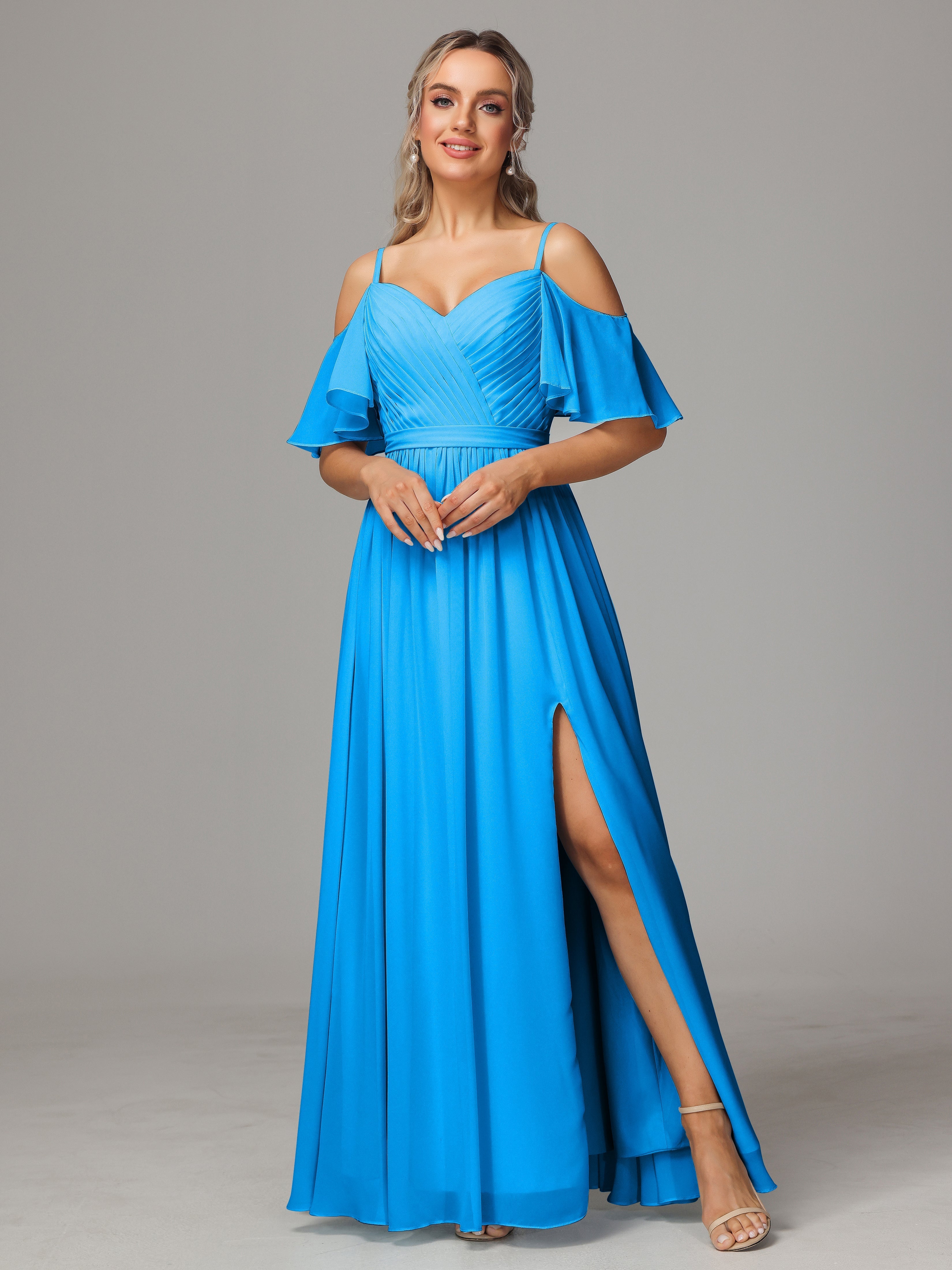 Robes De Demoiselle D'Honneur Bleu Océan Fendue Trapèze Mousseline Longue Robes Demoiselle D'Honneur Avec Plissé