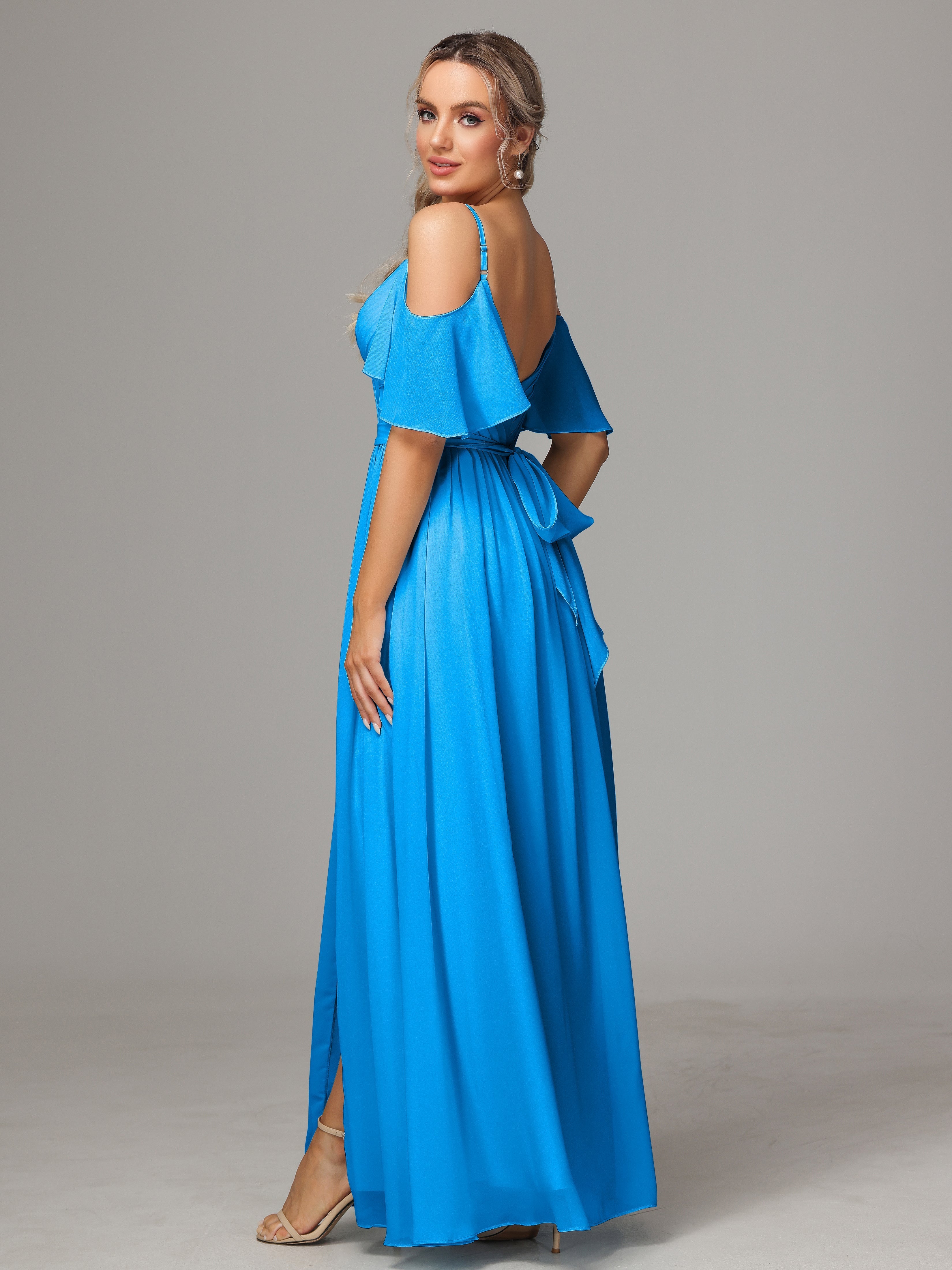 Robes De Demoiselle D'Honneur Bleu Océan Fendue Trapèze Mousseline Longue Robes Demoiselle D'Honneur Avec Plissé