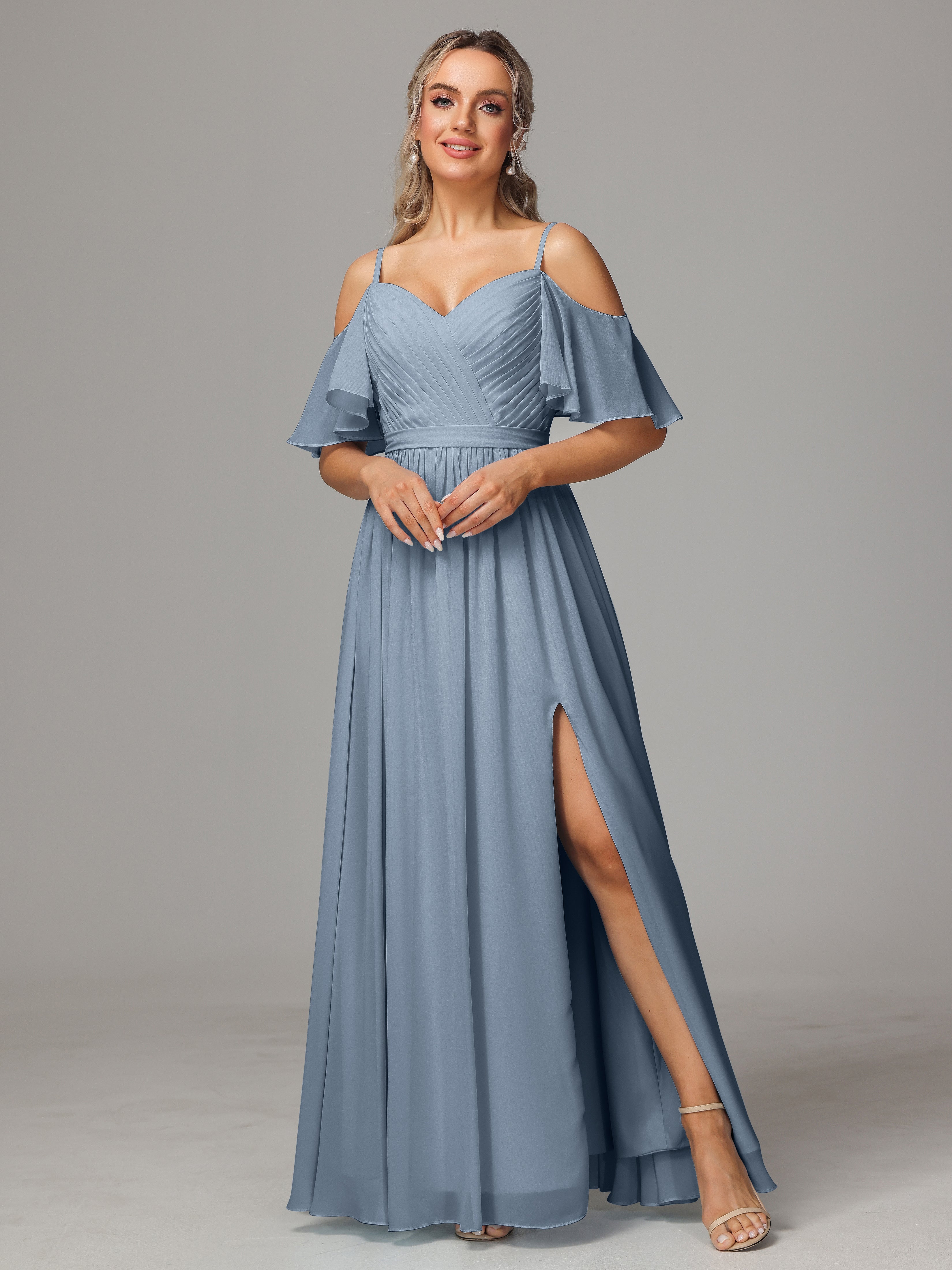 Robes De Demoiselle D'Honneur Bleu Poussiéreux Fendue Trapèze Mousseline Longue Robes Demoiselle D'Honneur Avec Plissé