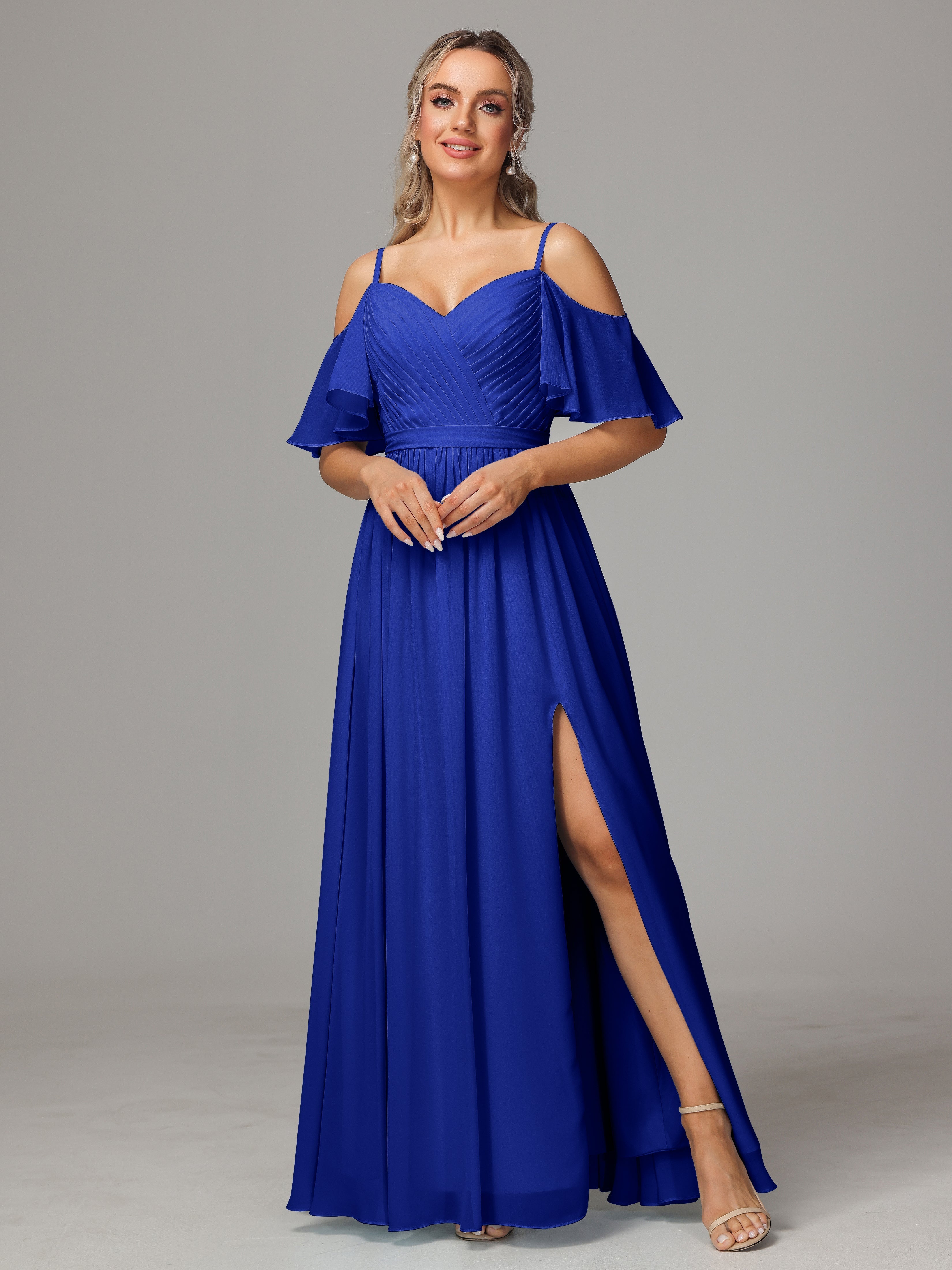 Robe Demoiselle D Honneur Bleu Roi Fendue Trapèze Mousseline Longue Robes Demoiselle D'Honneur Avec Plissé
