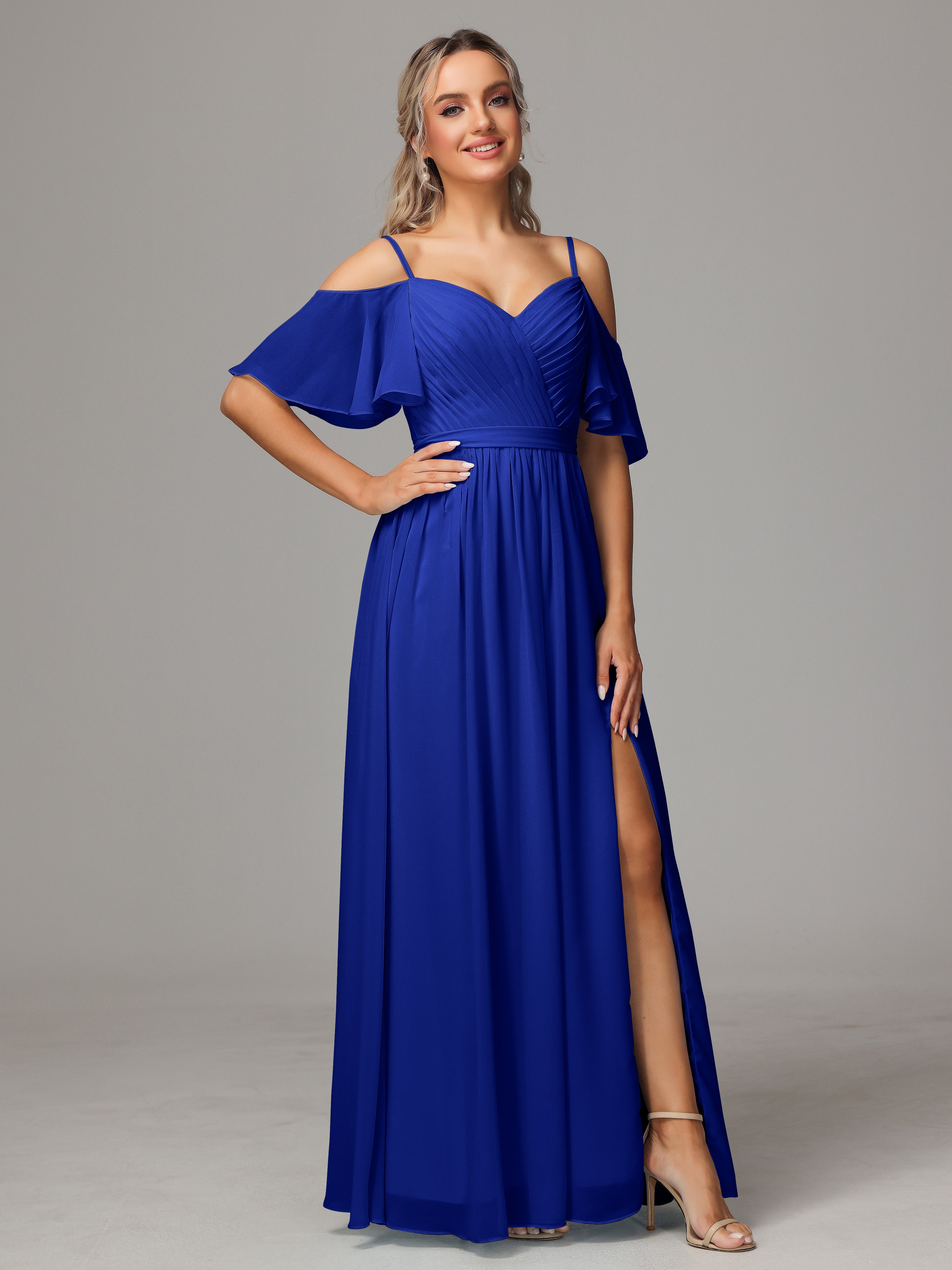 Robe Demoiselle D Honneur Bleu Roi Fendue Trapèze Mousseline Longue Robes Demoiselle D'Honneur Avec Plissé