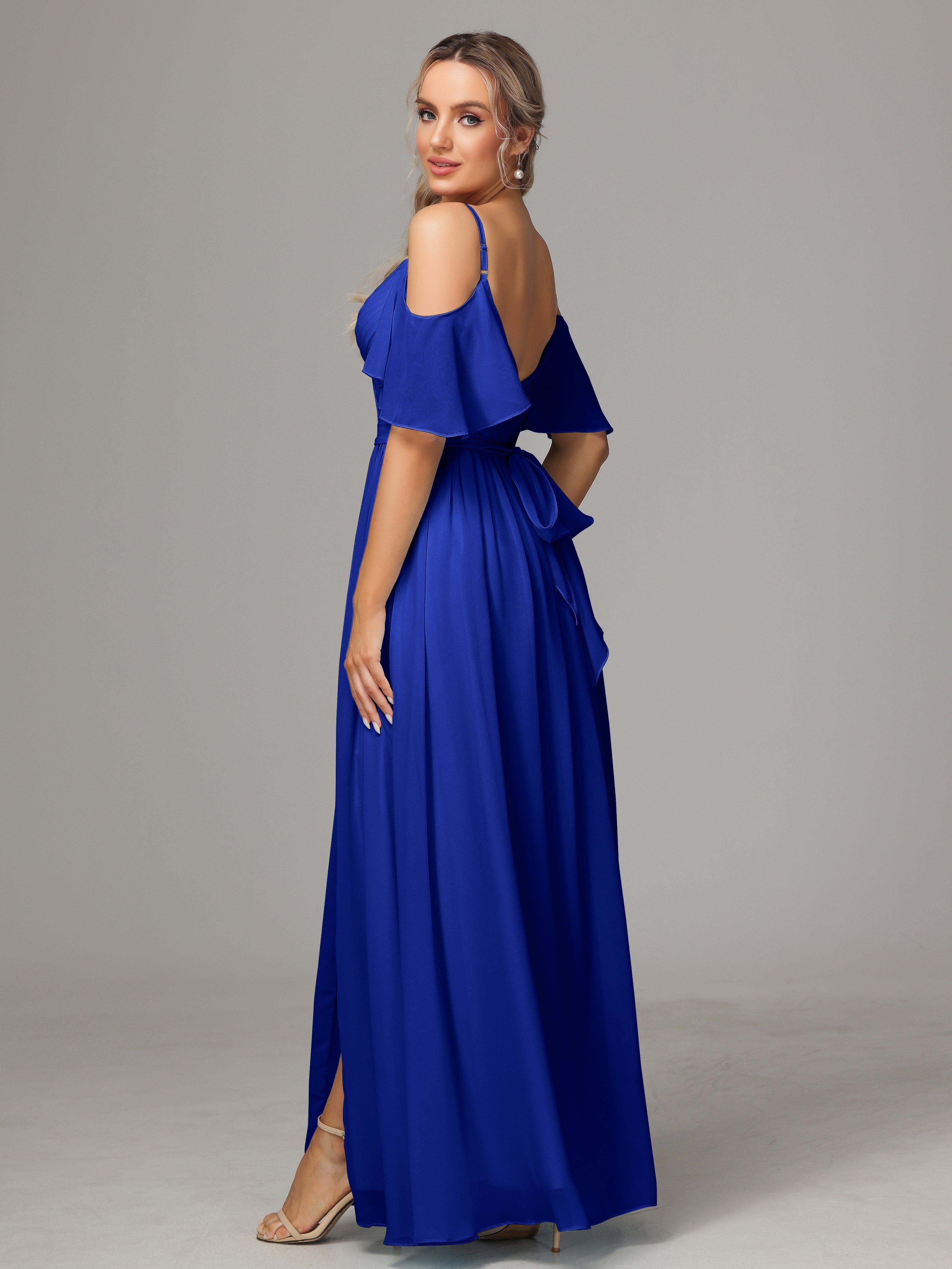 Robe Demoiselle D Honneur Bleu Roi Fendue Trapèze Mousseline Longue Robes Demoiselle D'Honneur Avec Plissé